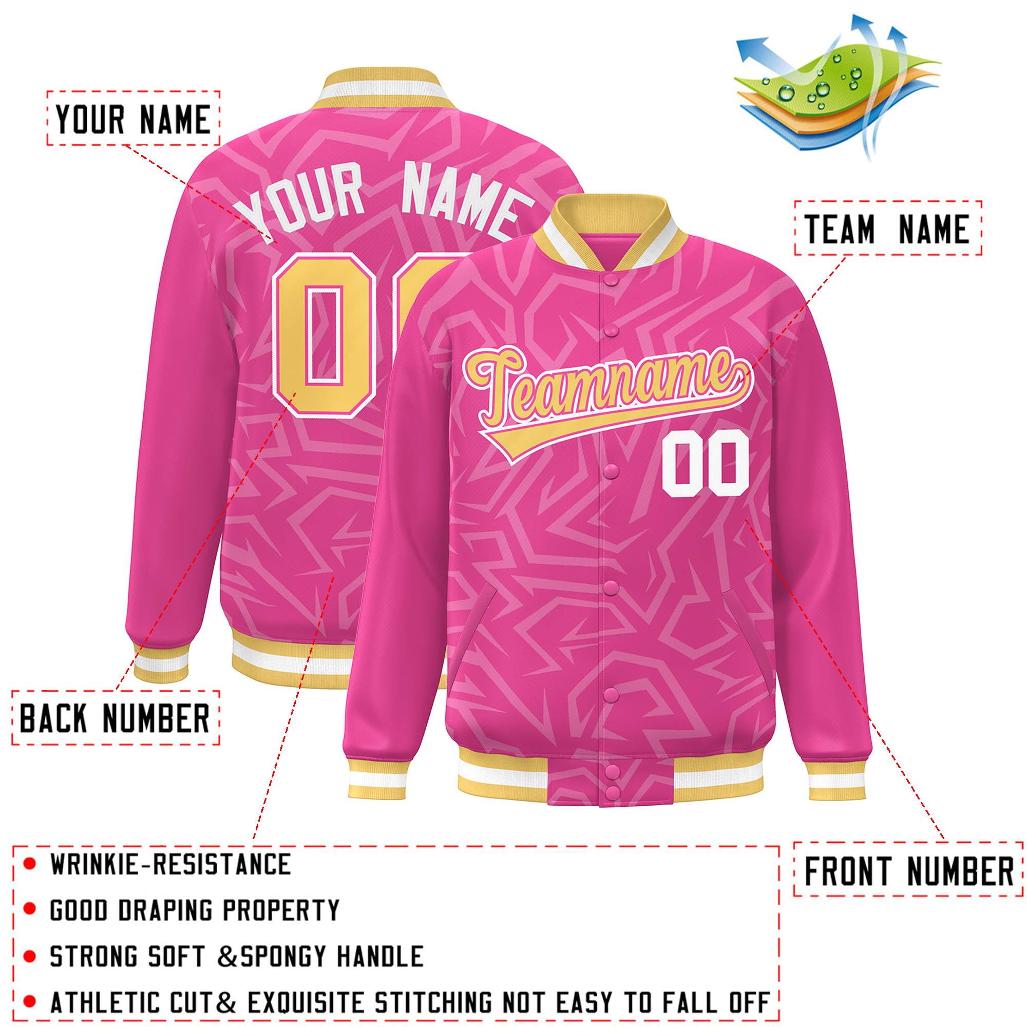 Custom Pink Gold-White Stripe Graffiti Pattern Varsity Full-Snap Jacket