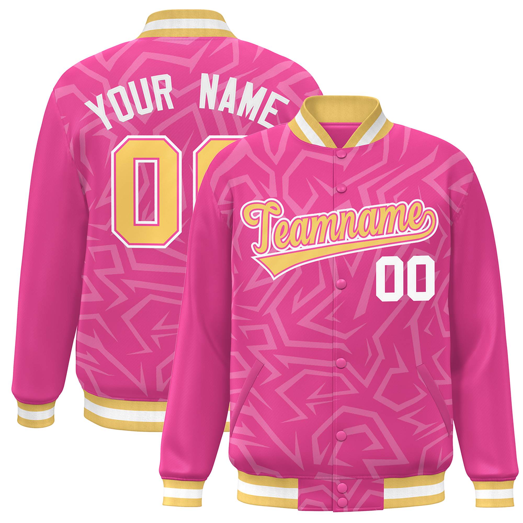 Custom Pink Gold-White Stripe Graffiti Pattern Varsity Full-Snap Jacket