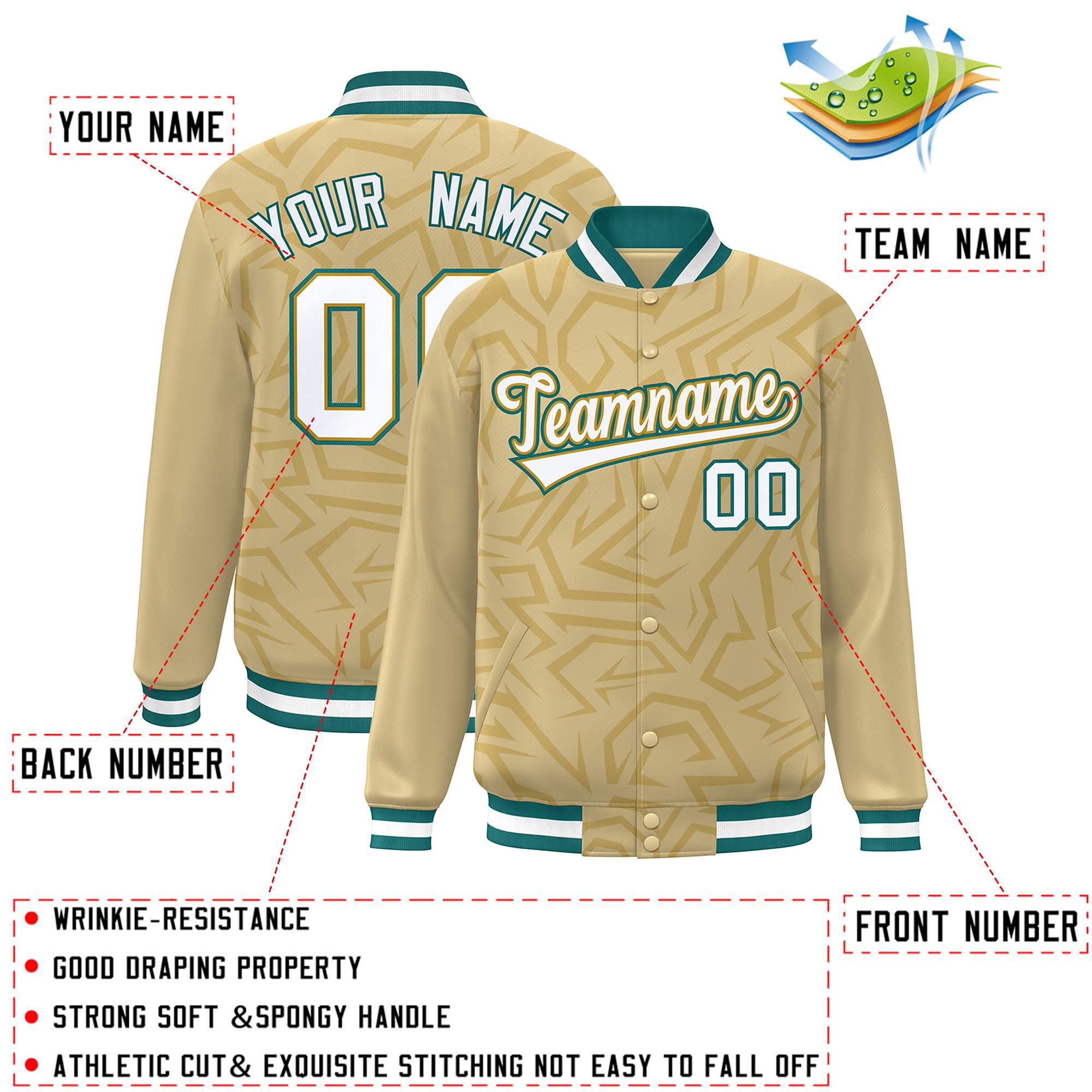 Custom Khaki White-Teal Stripe Graffiti Pattern Varsity Full-Snap Jacket