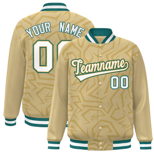 Custom Khaki White-Teal Stripe Graffiti Pattern Varsity Full-Snap Jacket