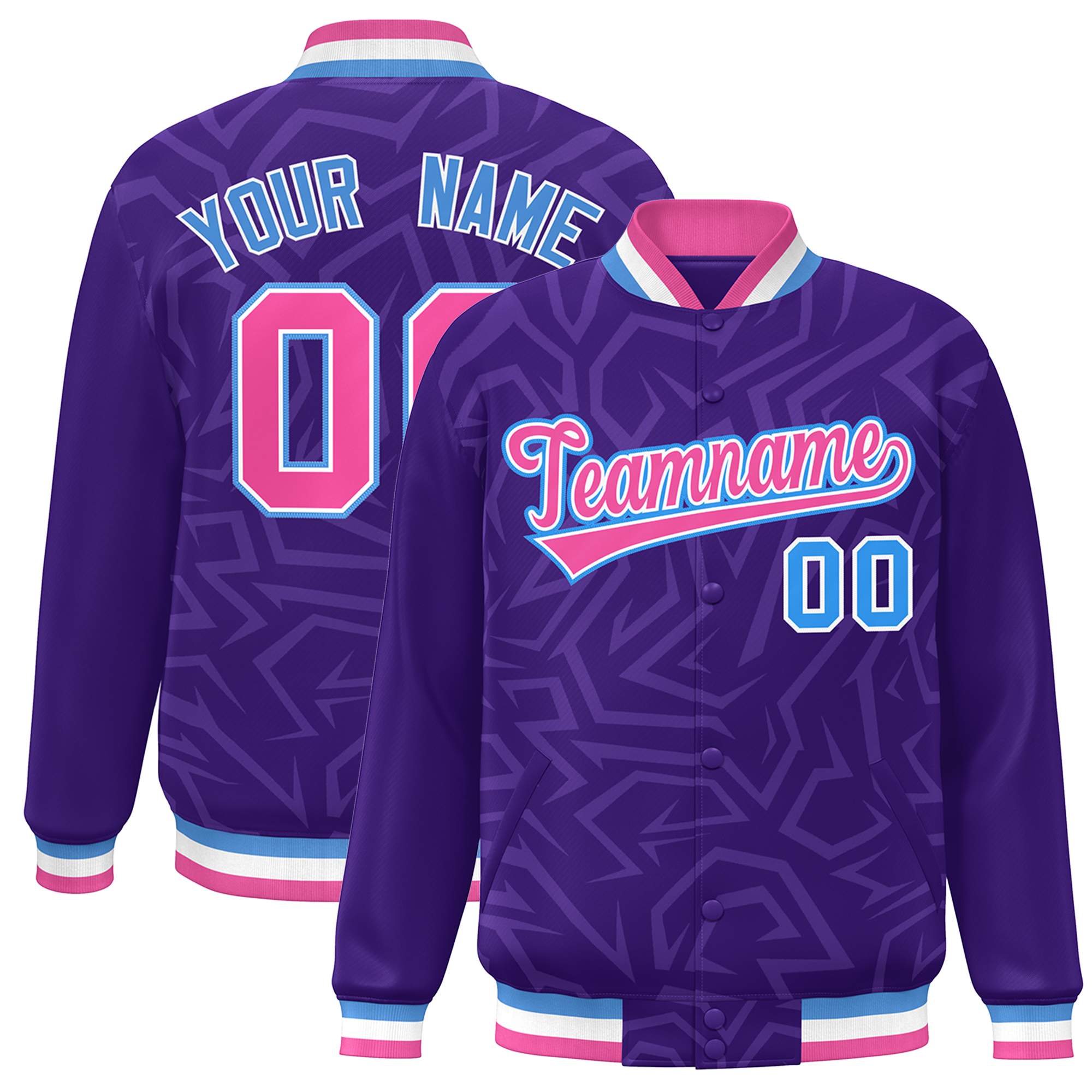 Custom Purple Pink-Powder Blue Stripe Graffiti Pattern Varsity Full-Snap Jacket