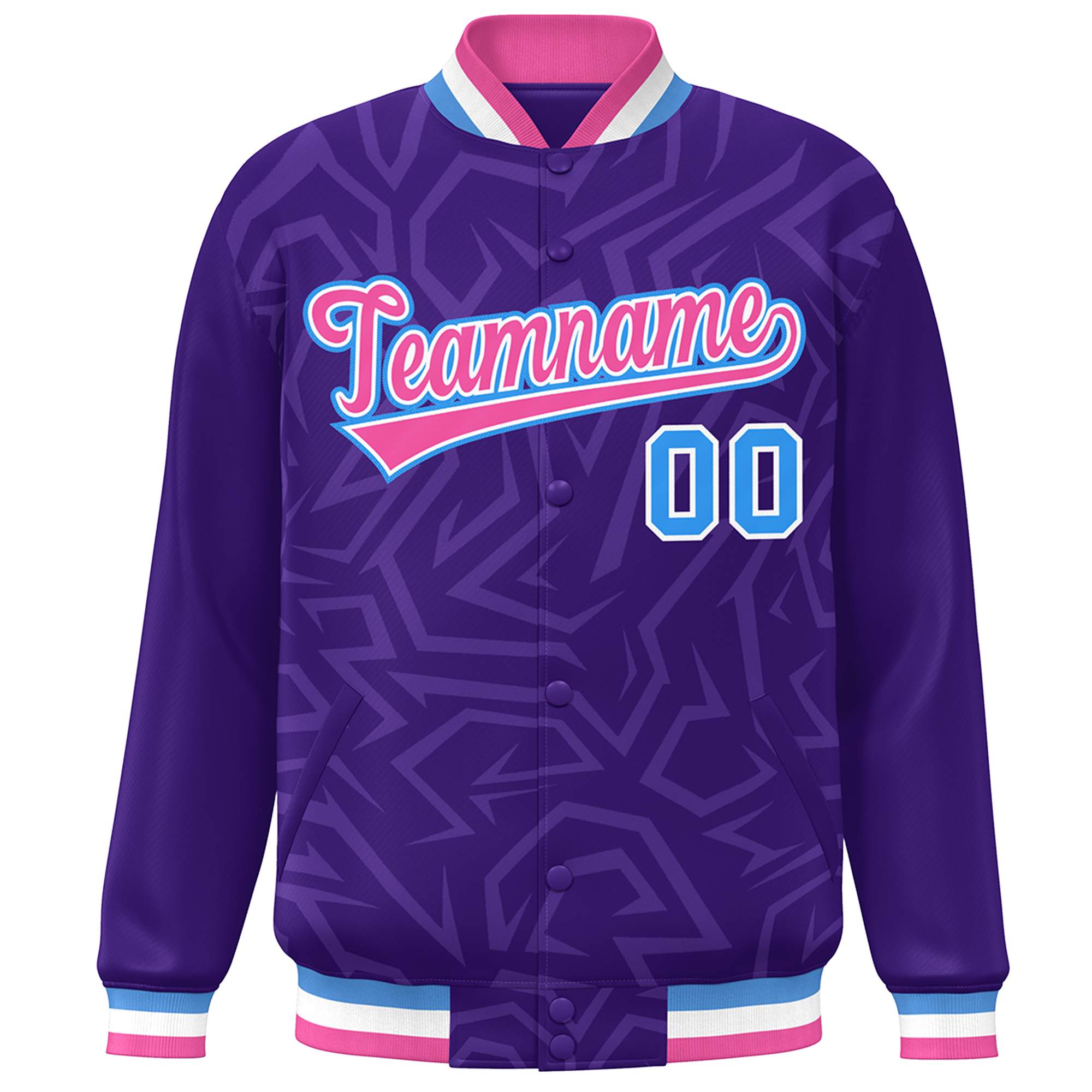 Custom Purple Pink-Powder Blue Stripe Graffiti Pattern Varsity Full-Snap Jacket