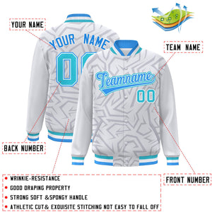 Custom White Powder Blue-Aqua Stripe Graffiti Pattern Varsity Full-Snap Jacket