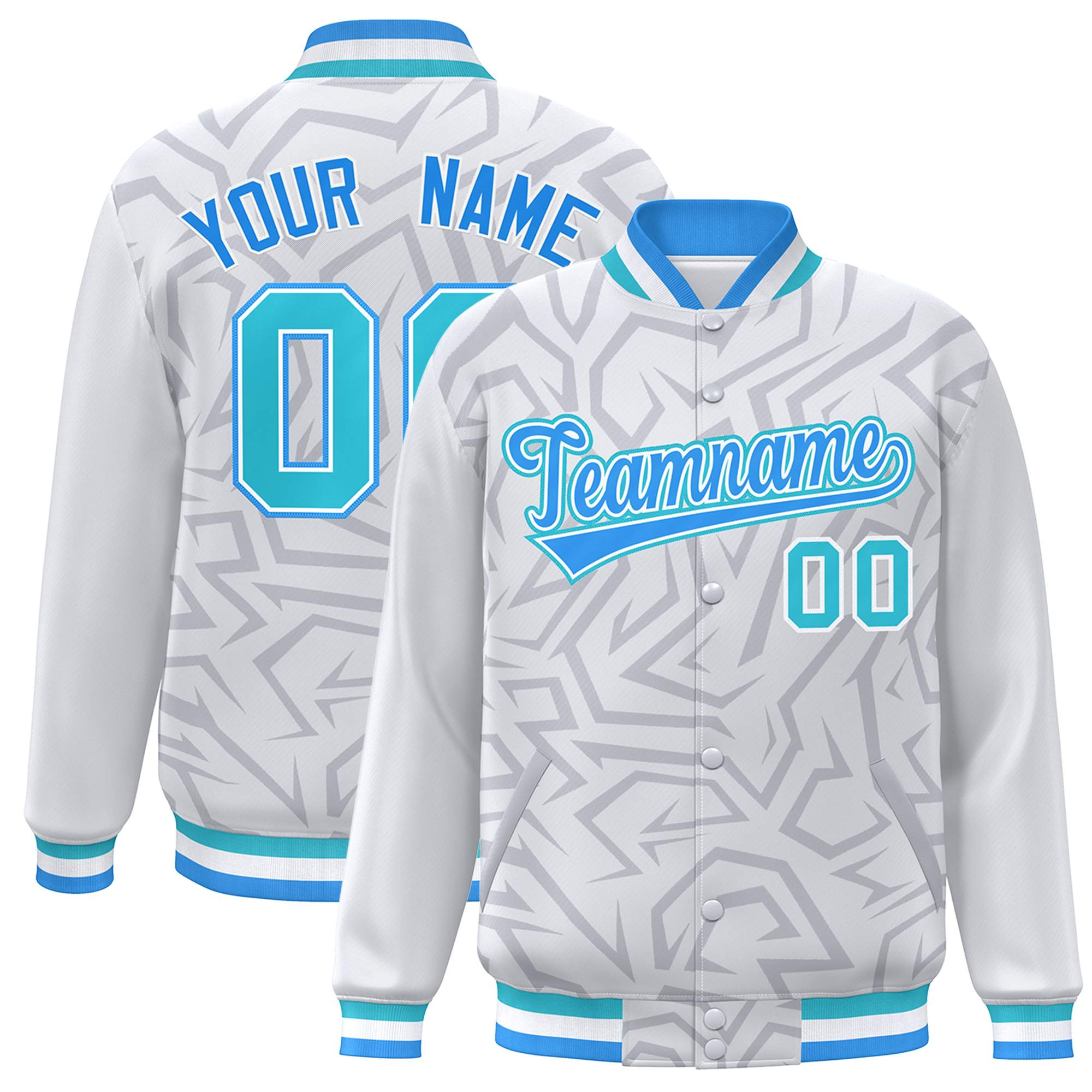 Custom White Powder Blue-Aqua Stripe Graffiti Pattern Varsity Full-Snap Jacket