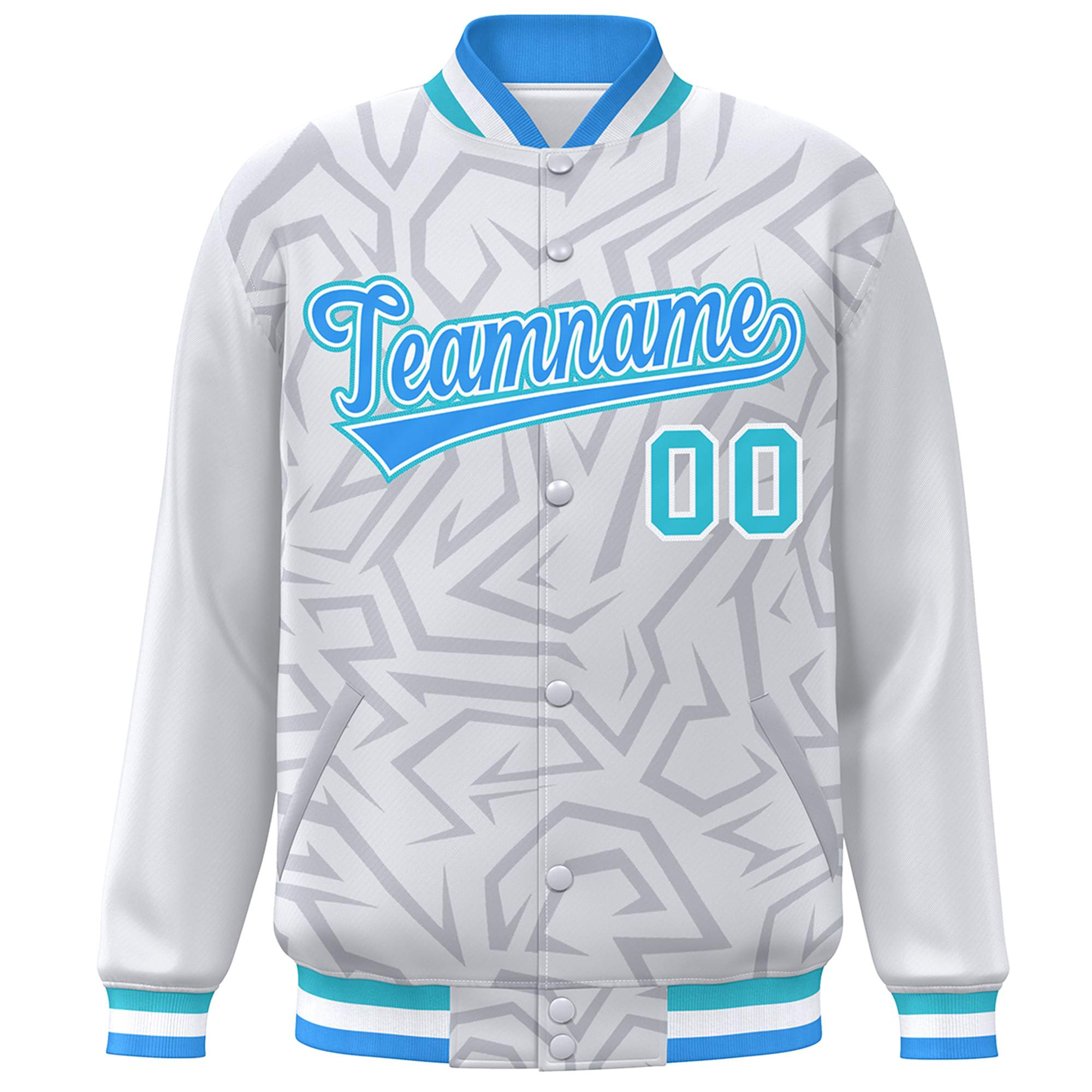 Custom White Powder Blue-Aqua Stripe Graffiti Pattern Varsity Full-Snap Jacket