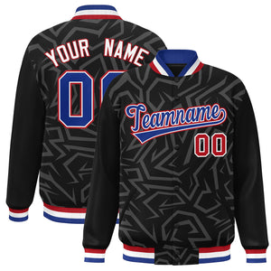 Custom Black Royal-Red Stripe Graffiti Pattern Varsity Full-Snap Jacket