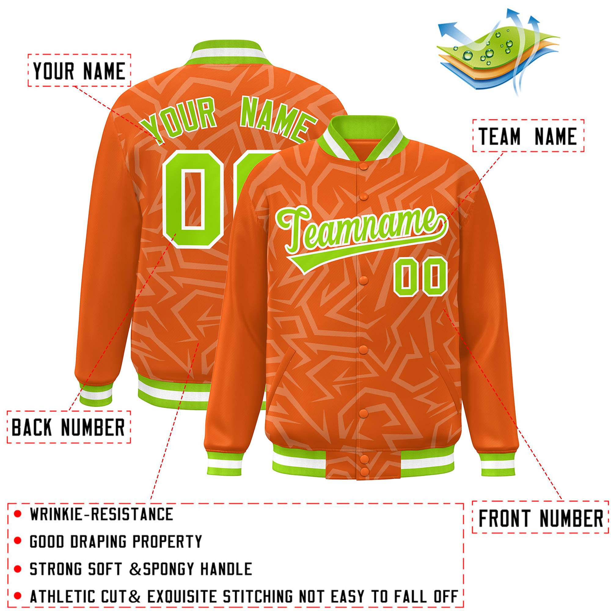 Custom Orange Neon Green-White Stripe Graffiti Pattern Varsity Full-Snap Jacket