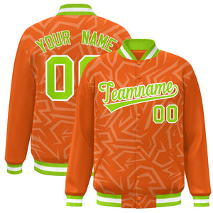 Custom Orange Neon Green-White Stripe Graffiti Pattern Varsity Full-Snap Jacket