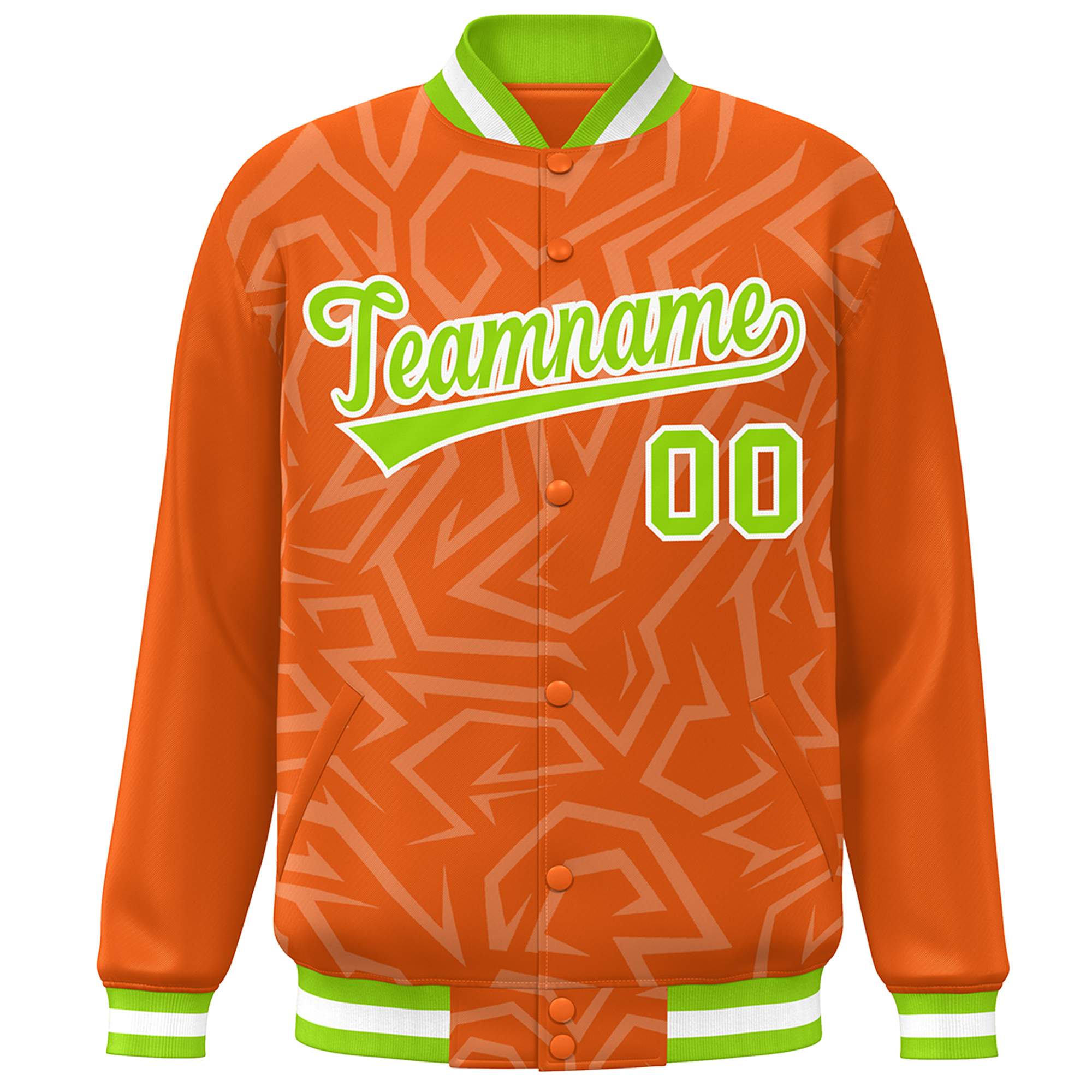 Custom Orange Neon Green-White Stripe Graffiti Pattern Varsity Full-Snap Jacket