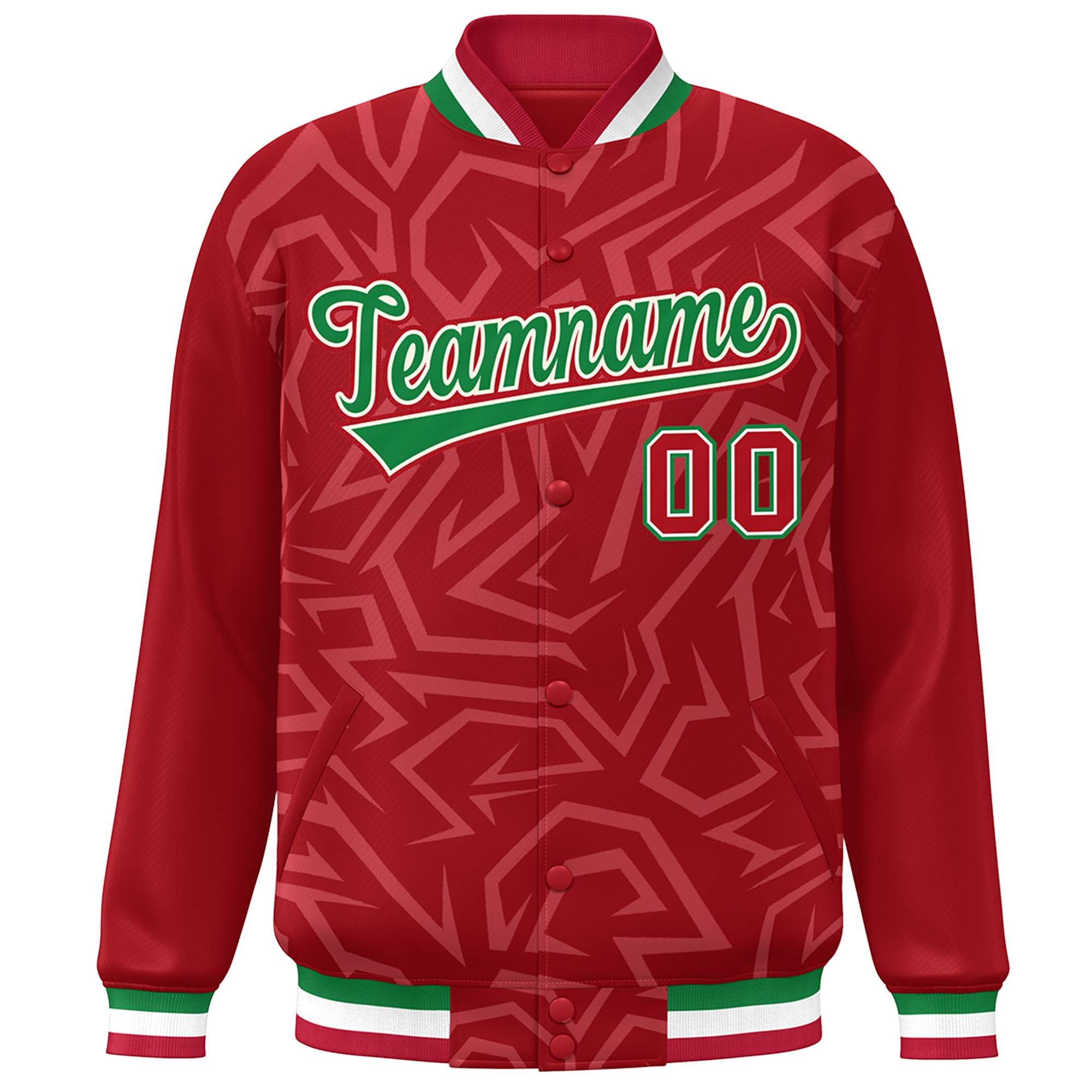 Custom Red Kelly Green-White Stripe Graffiti Pattern Varsity Full-Snap Jacket