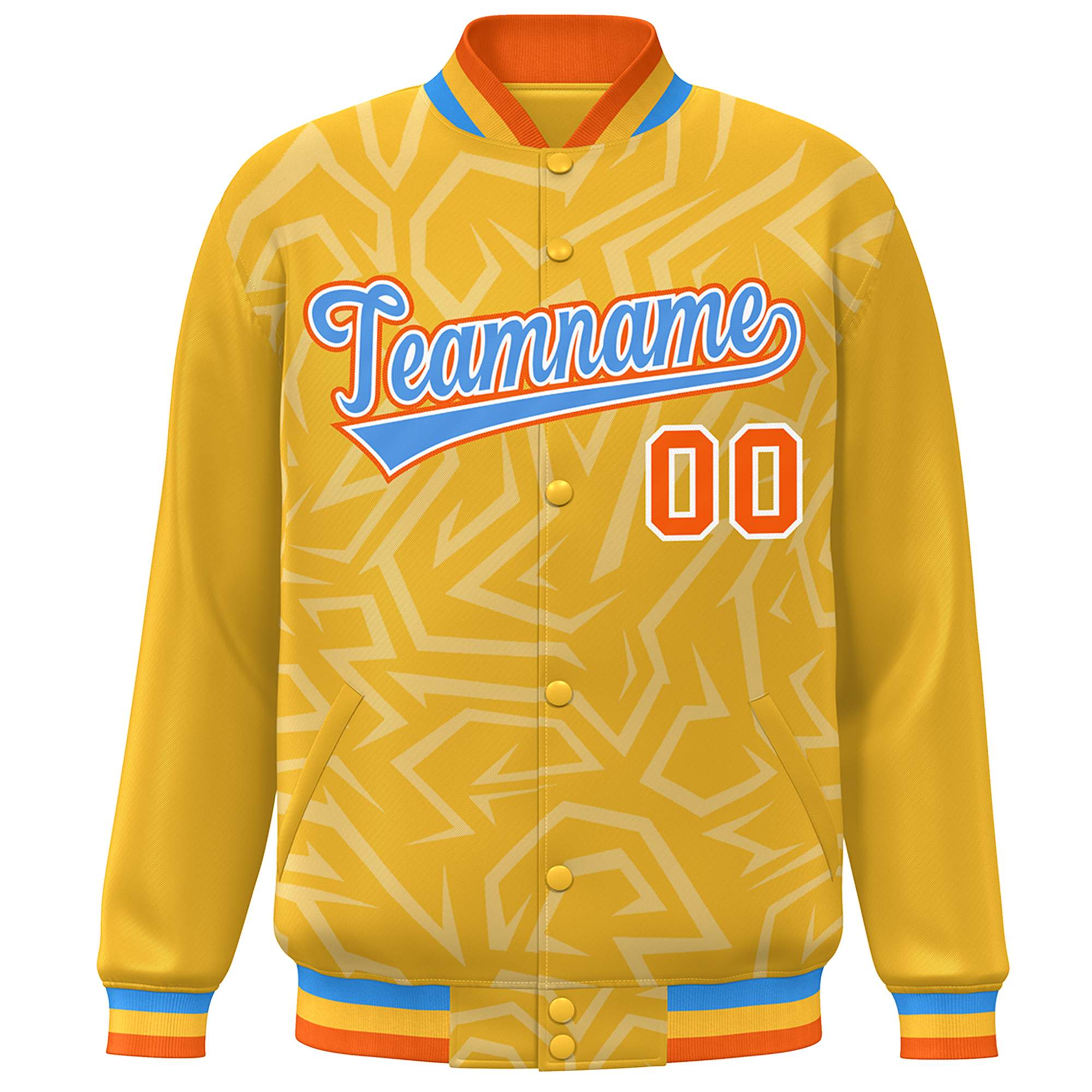 Custom Gold Powder Blue-Orange Stripe Graffiti Pattern Varsity Full-Snap Jacket