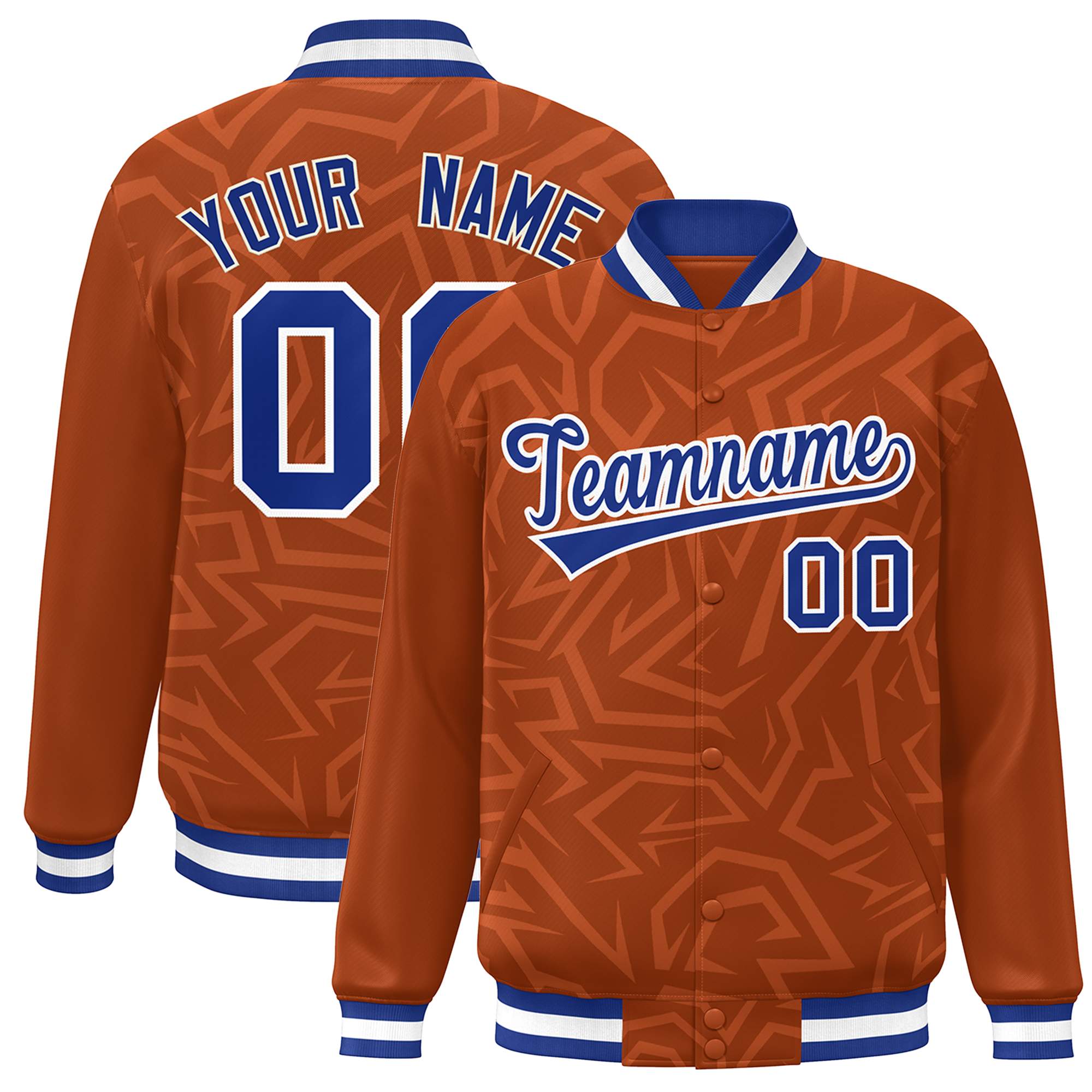 Custom Orange Royal-White Stripe Graffiti Pattern Varsity Full-Snap Jacket