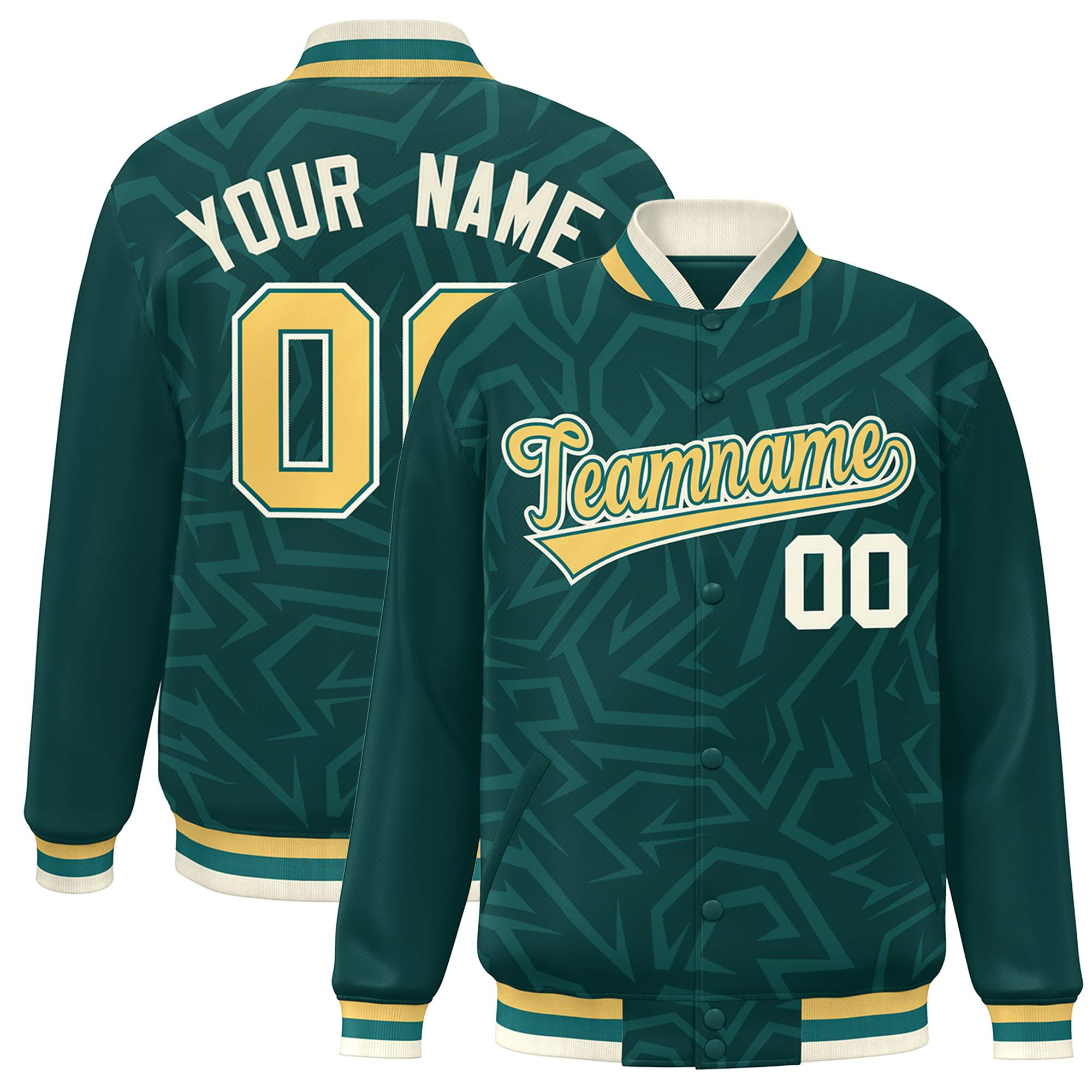 Custom Midnight Green Gold-Cream Stripe Graffiti Pattern Varsity Full-Snap Jacket