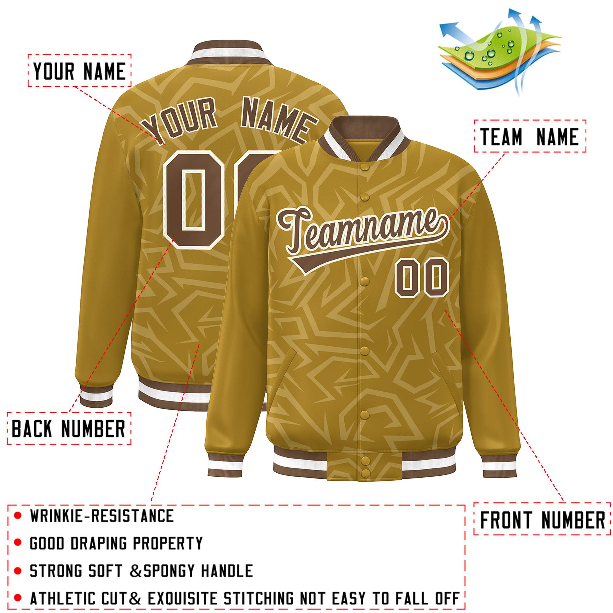 Custom Old Gold Brown-White Stripe Graffiti Pattern Varsity Full-Snap Jacket