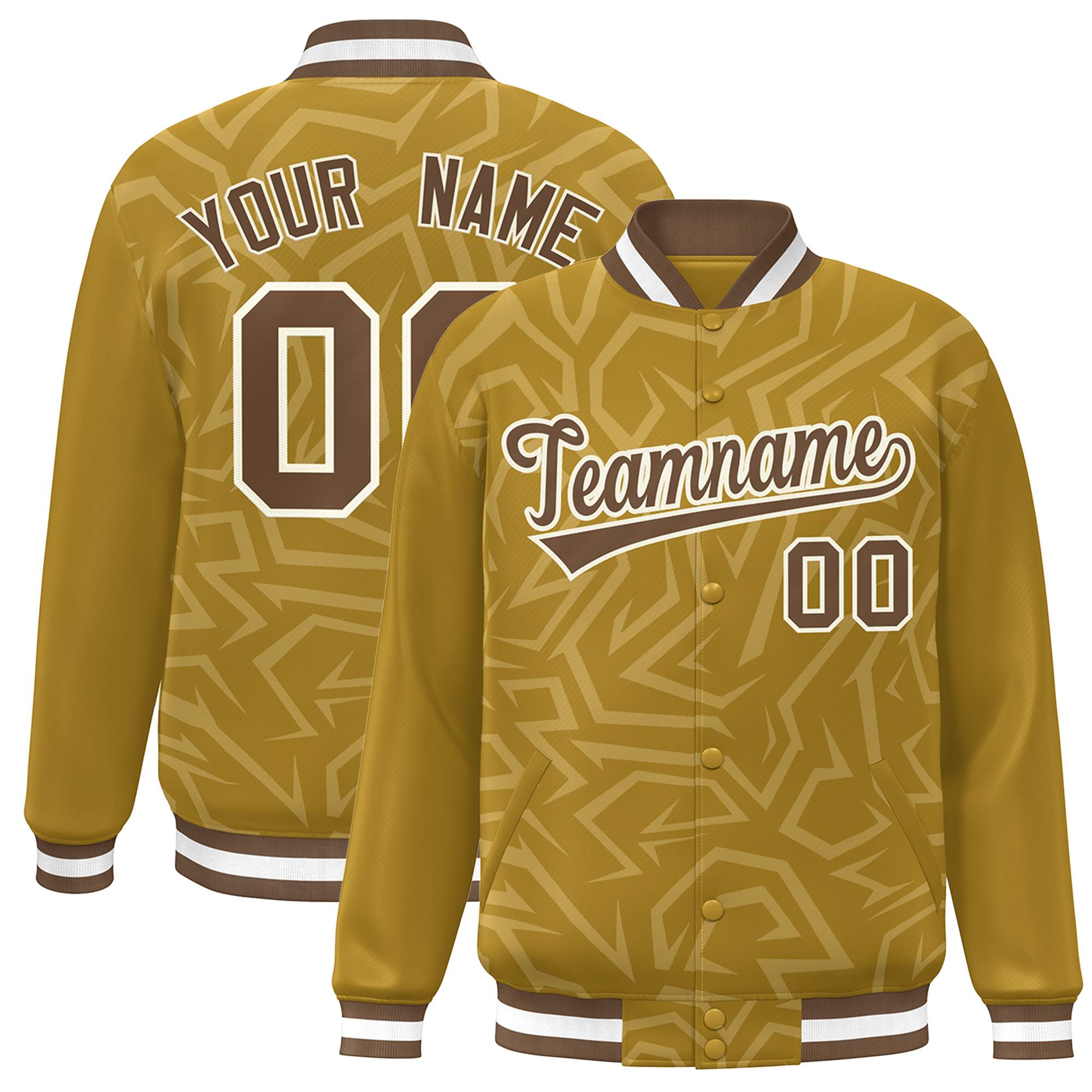 Custom Old Gold Brown-White Stripe Graffiti Pattern Varsity Full-Snap Jacket