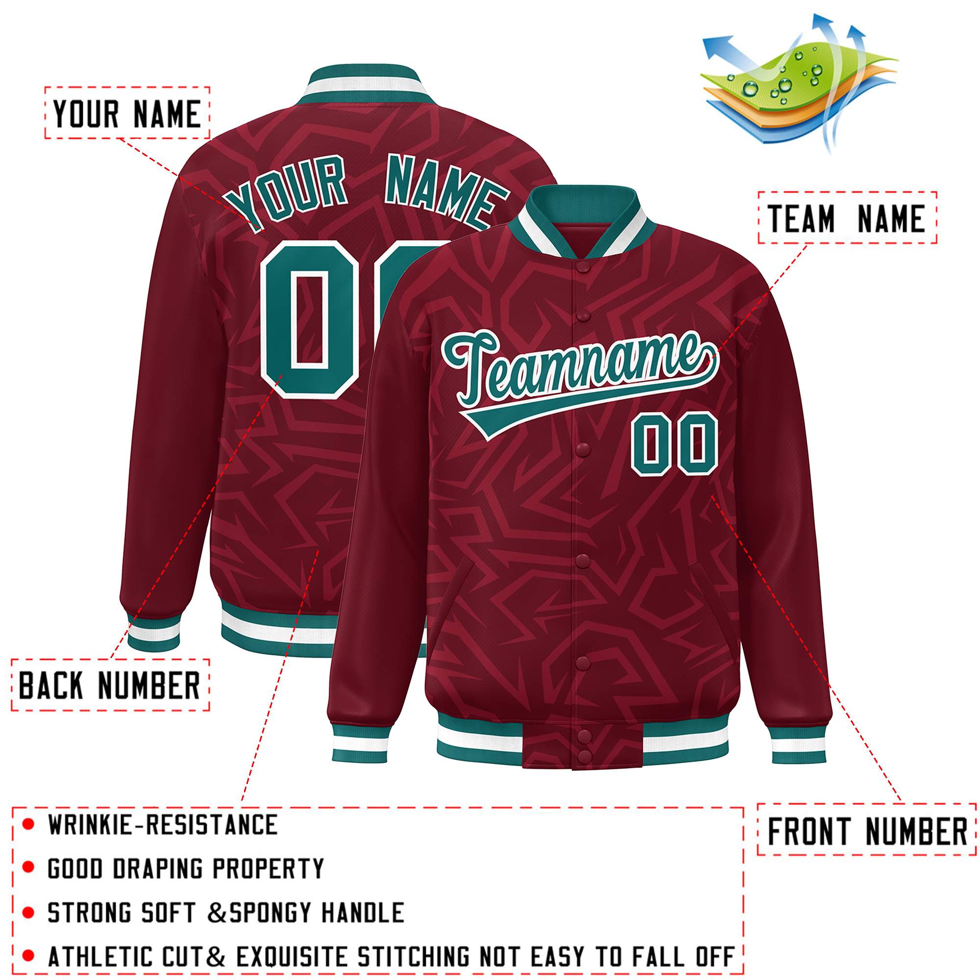 Custom Crimson Aqua-White Stripe Graffiti Pattern Varsity Full-Snap Jacket