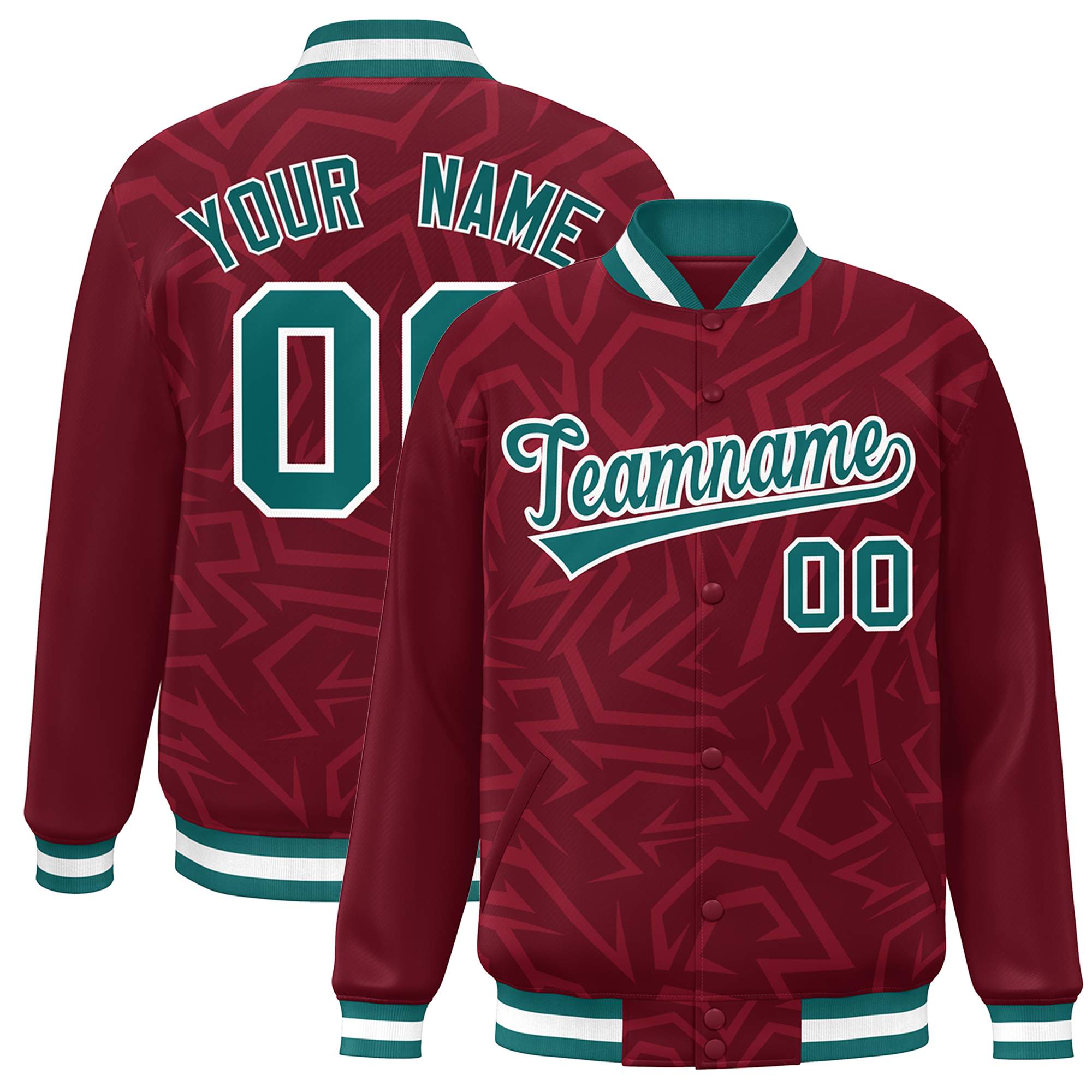 Custom Crimson Aqua-White Stripe Graffiti Pattern Varsity Full-Snap Jacket