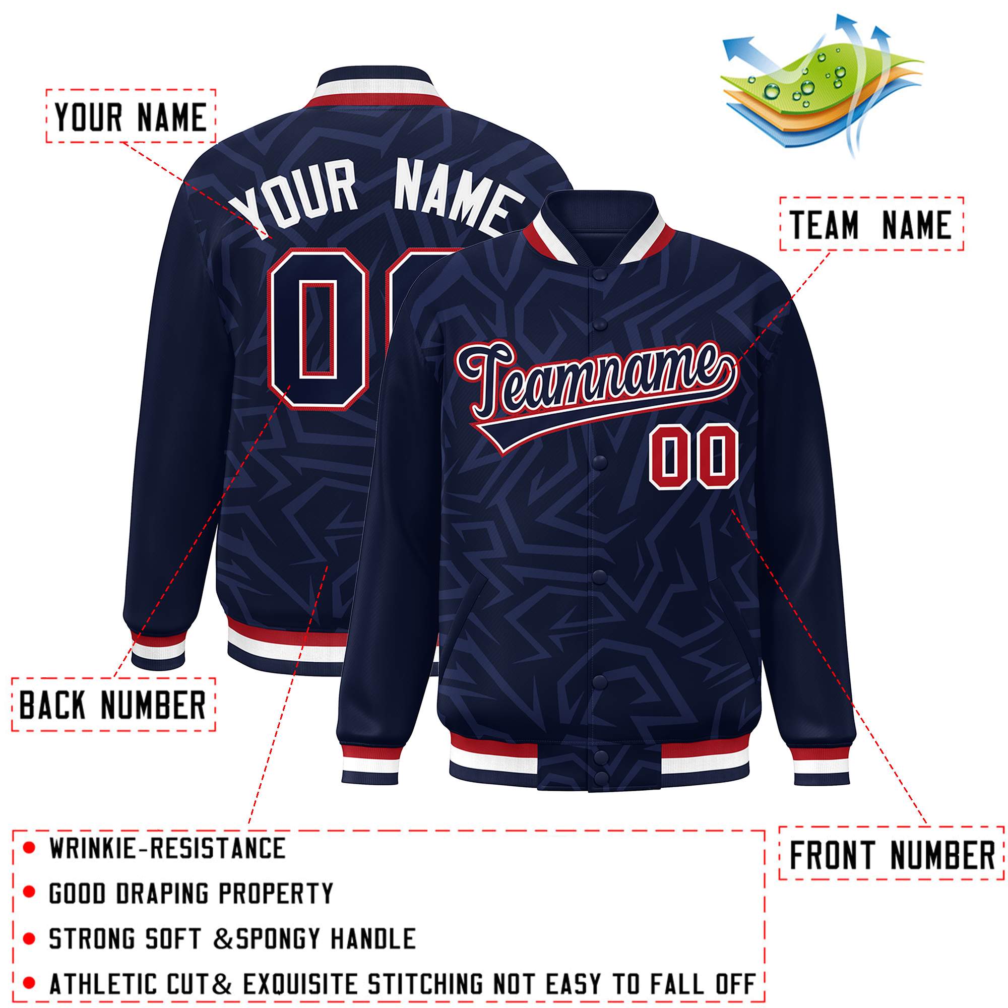 Custom Navy White-Red Stripe Graffiti Pattern Varsity Full-Snap Jacket