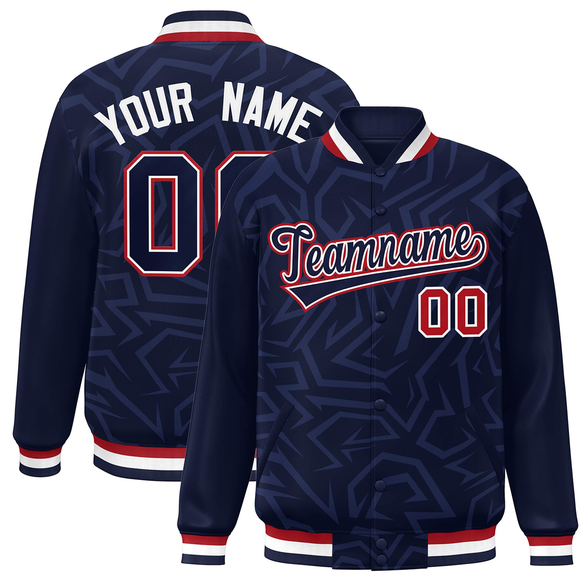 Custom Navy White-Red Stripe Graffiti Pattern Varsity Full-Snap Jacket