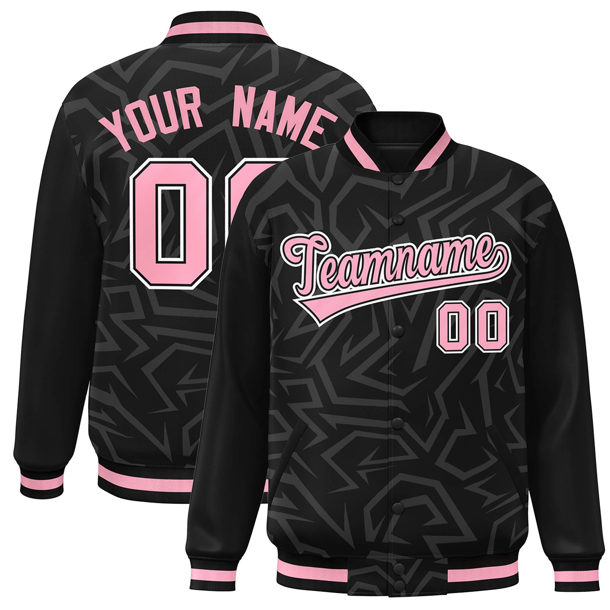 Custom Black Pink-White Stripe Graffiti Pattern Varsity Full-Snap Jacket