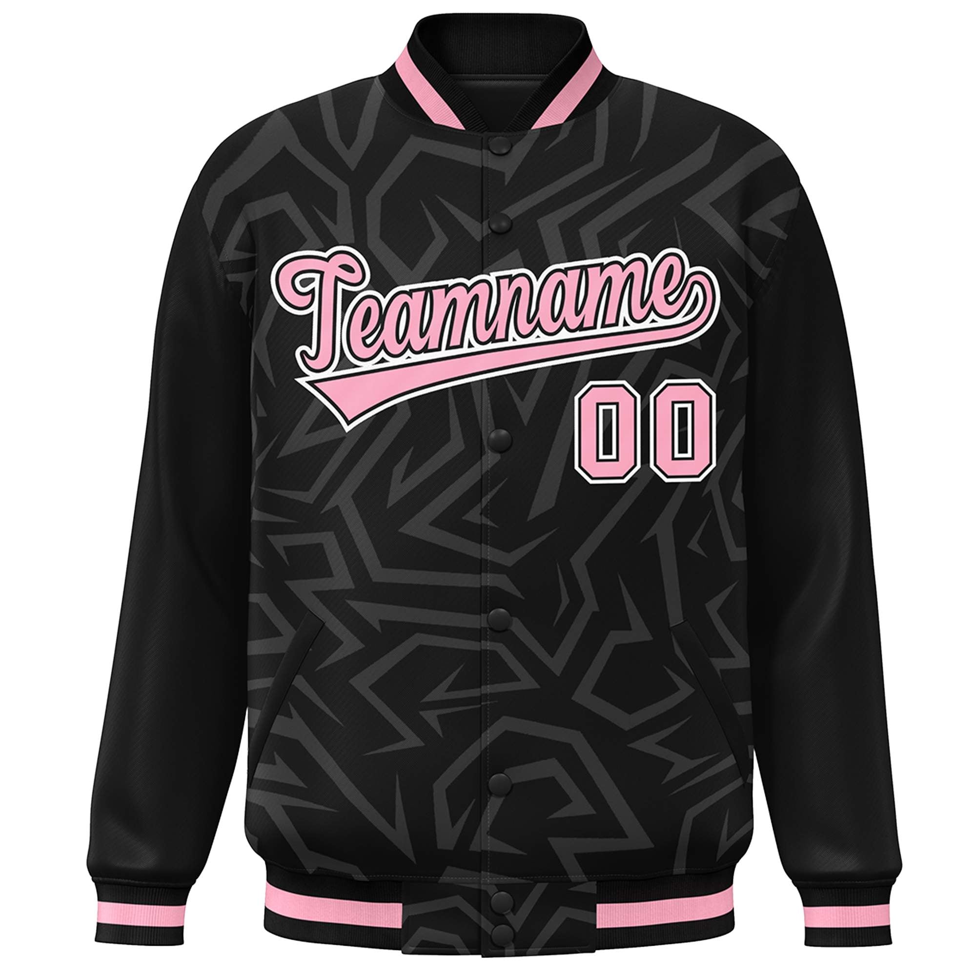 Custom Black Pink-White Stripe Graffiti Pattern Varsity Full-Snap Jacket