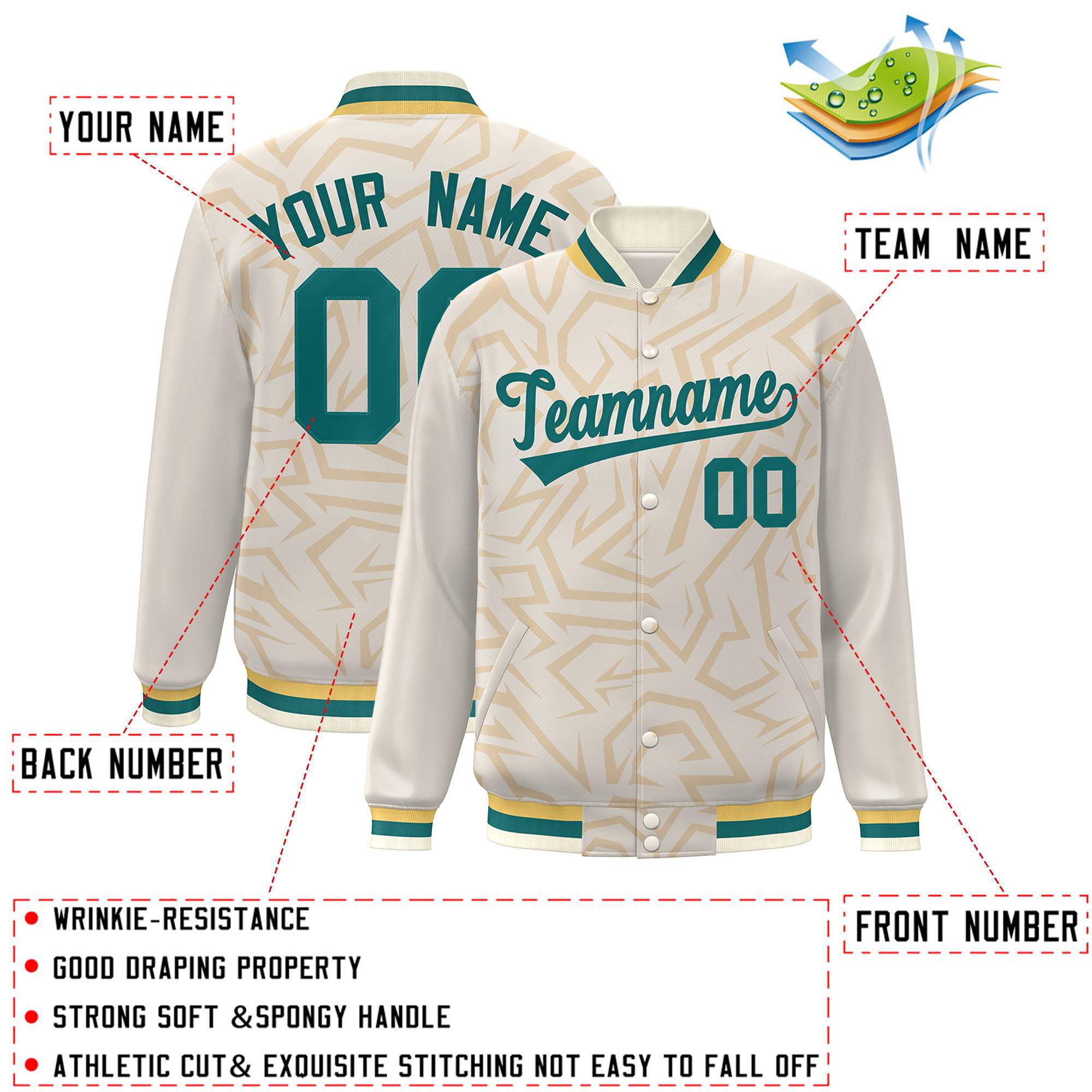 Custom Cream Aqua Stripe Graffiti Pattern Varsity Full-Snap Jacket