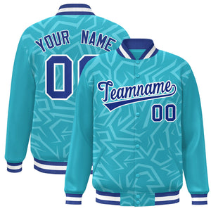 Custom Light Blue Royal-White Stripe Graffiti Pattern Varsity Full-Snap Jacket