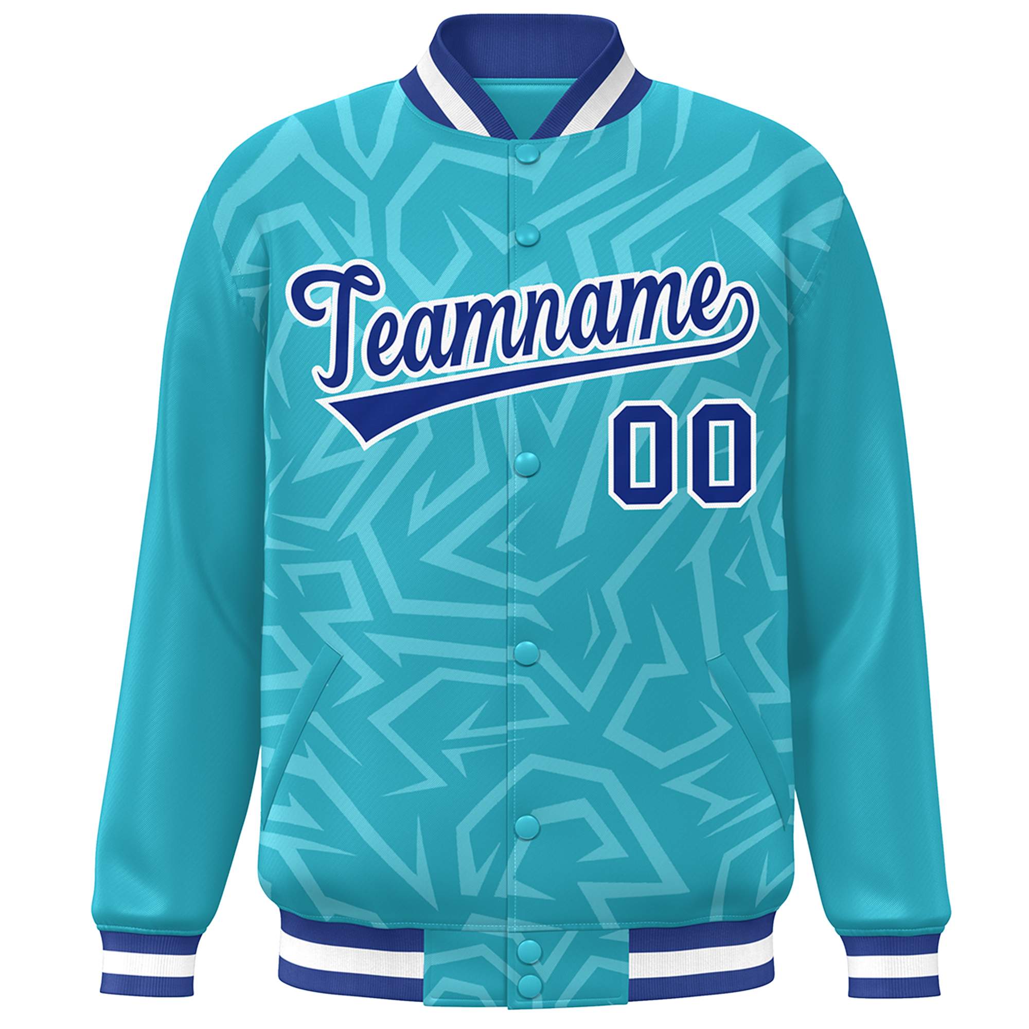 Custom Light Blue Royal-White Stripe Graffiti Pattern Varsity Full-Snap Jacket