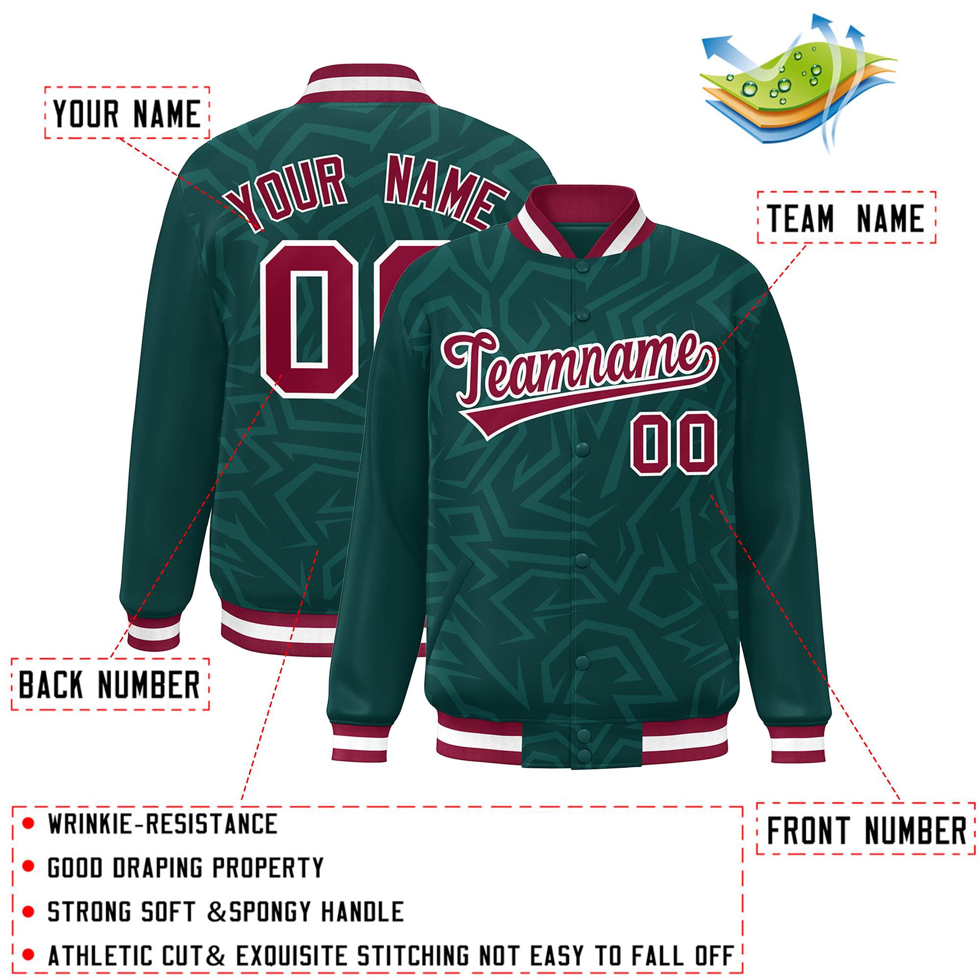 Custom Midnight Green Crimson-White Stripe Graffiti Pattern Varsity Full-Snap Jacket