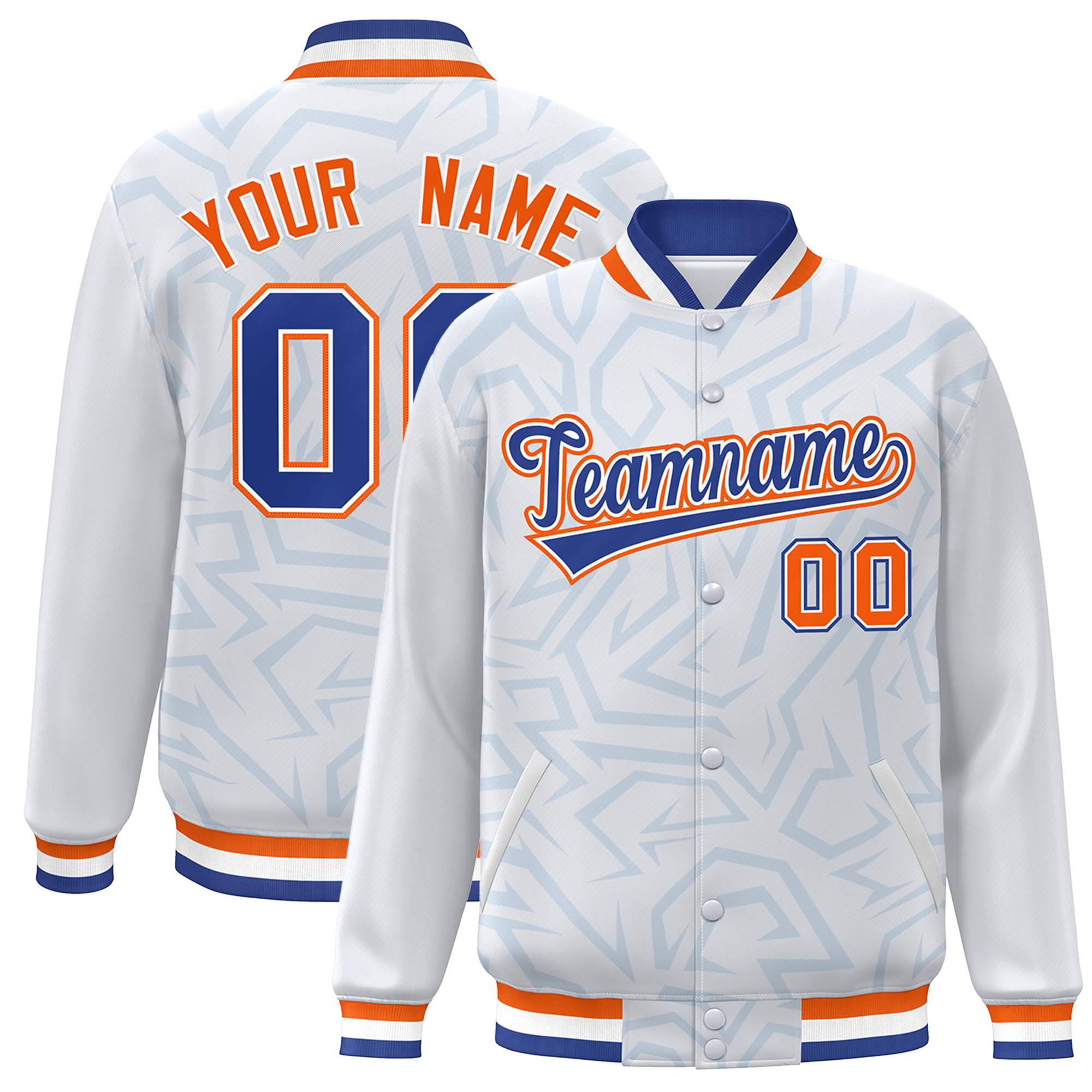 Custom White Royal-Orange Stripe Graffiti Pattern Varsity Full-Snap Jacket