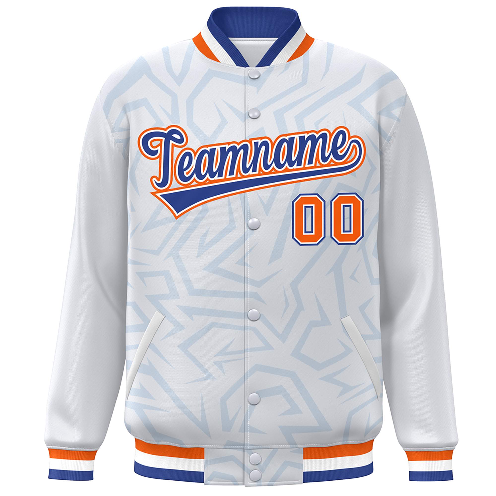 Custom White Royal-Orange Stripe Graffiti Pattern Varsity Full-Snap Jacket