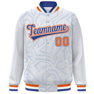 Custom White Royal-Orange Stripe Graffiti Pattern Varsity Full-Snap Jacket