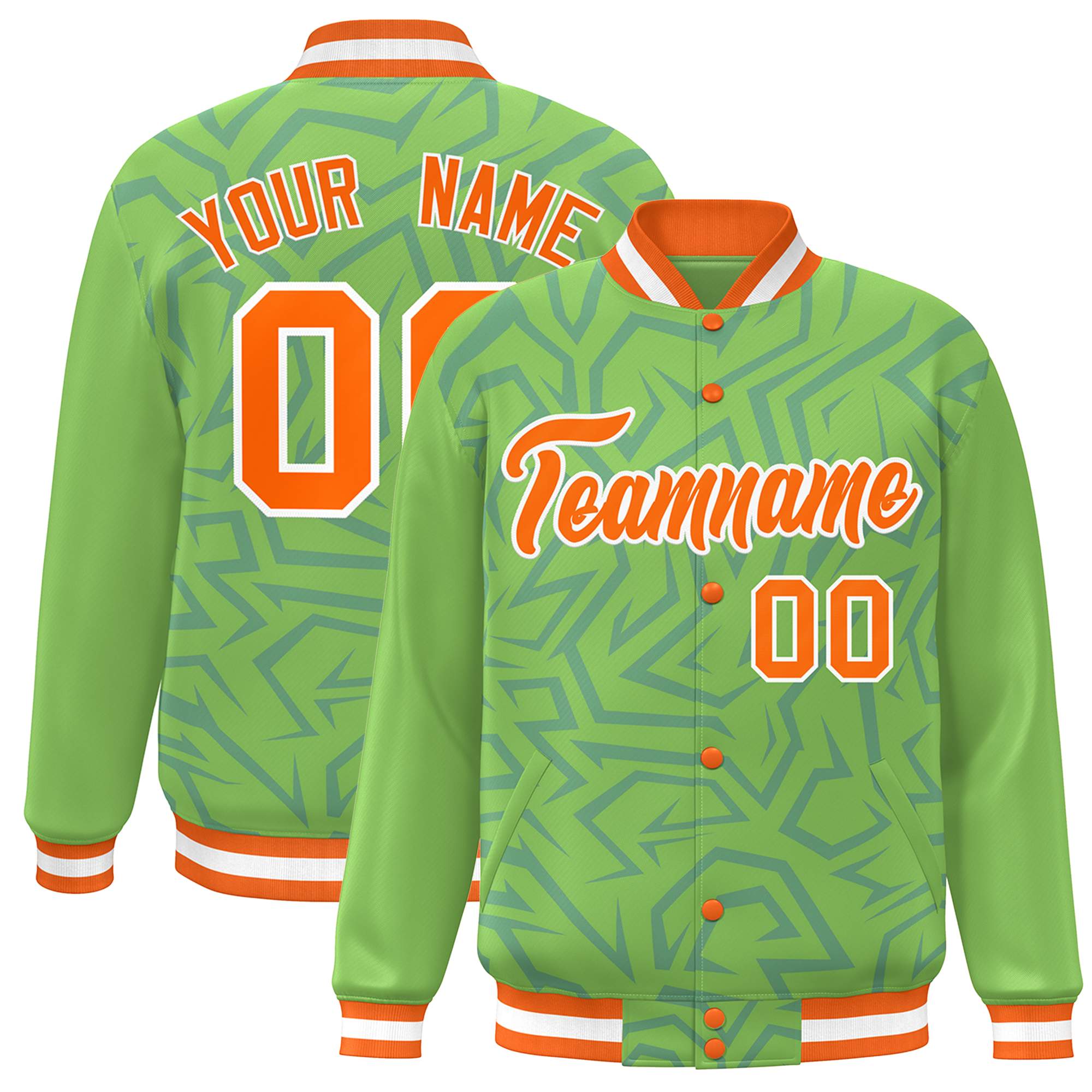 Custom Green Orange-White Stripe Graffiti Pattern Varsity Full-Snap Jacket