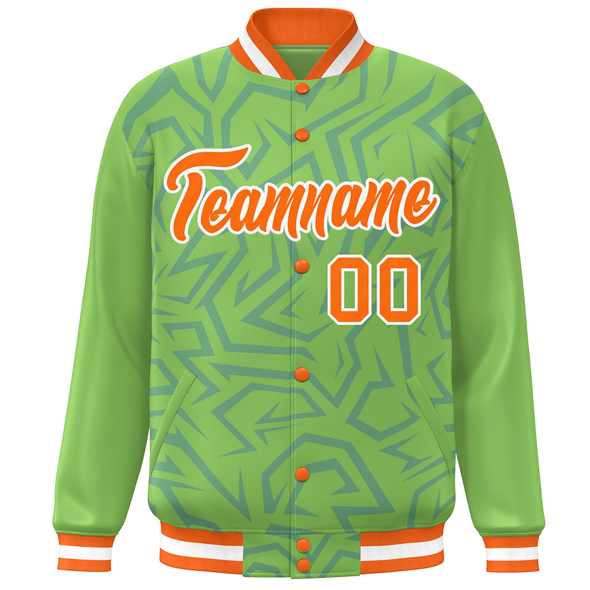 Custom Green Orange-White Stripe Graffiti Pattern Varsity Full-Snap Jacket