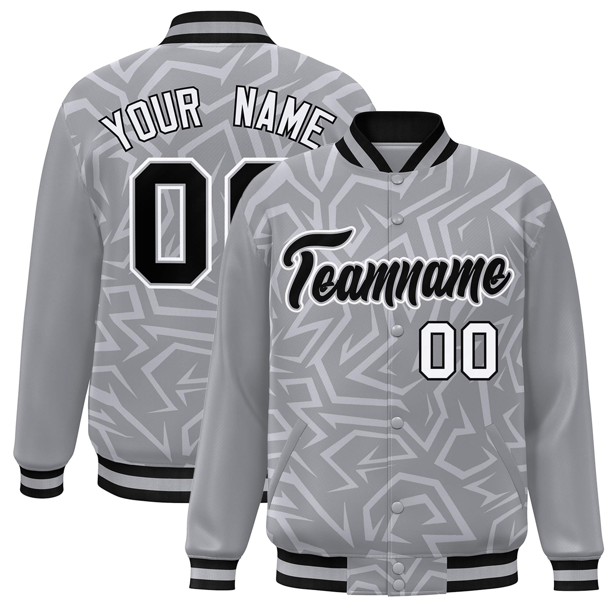 Custom Gray Black-White Stripe Graffiti Pattern Varsity Full-Snap Jacket