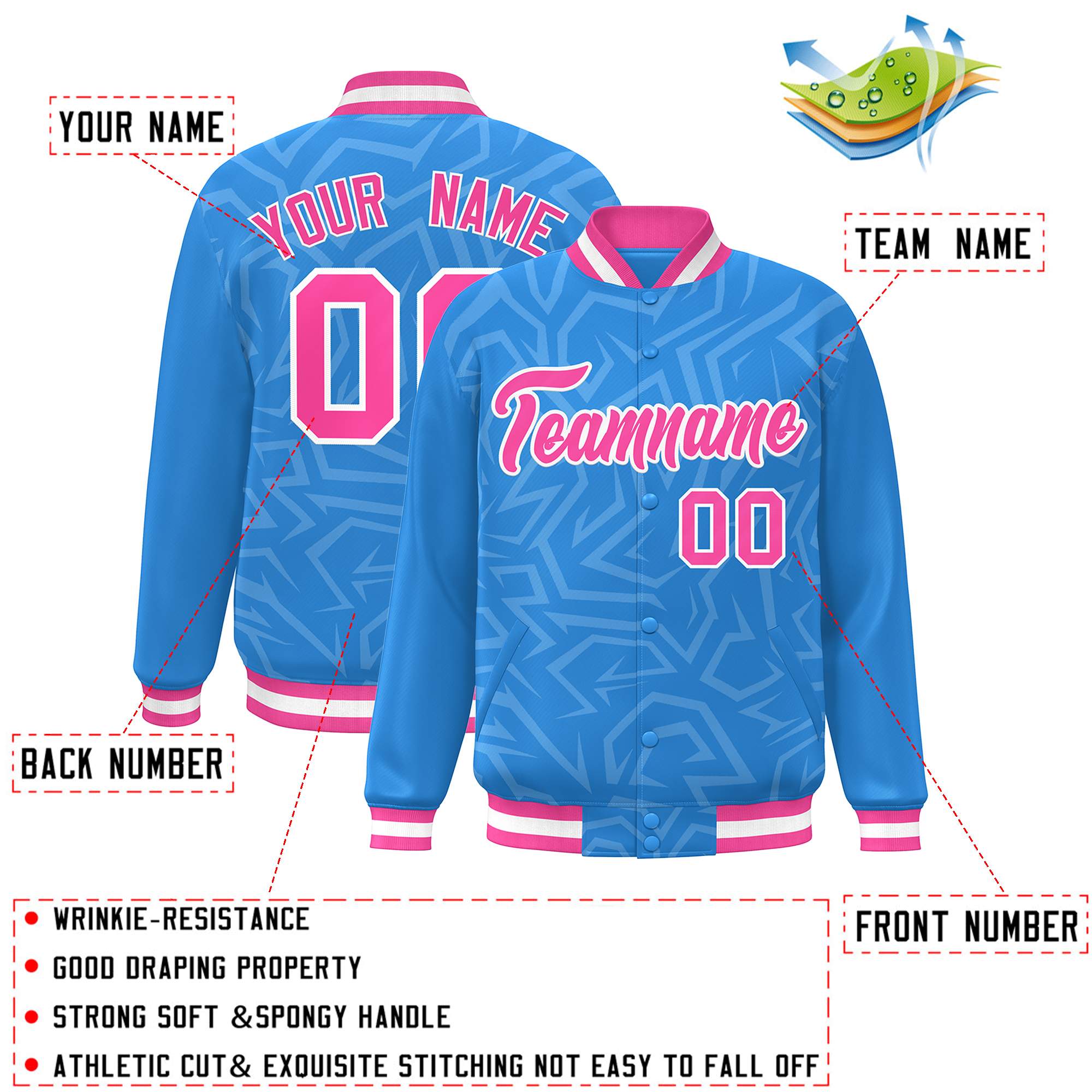 Custom Powder Blue Pink-White Stripe Graffiti Pattern Varsity Full-Snap Jacket