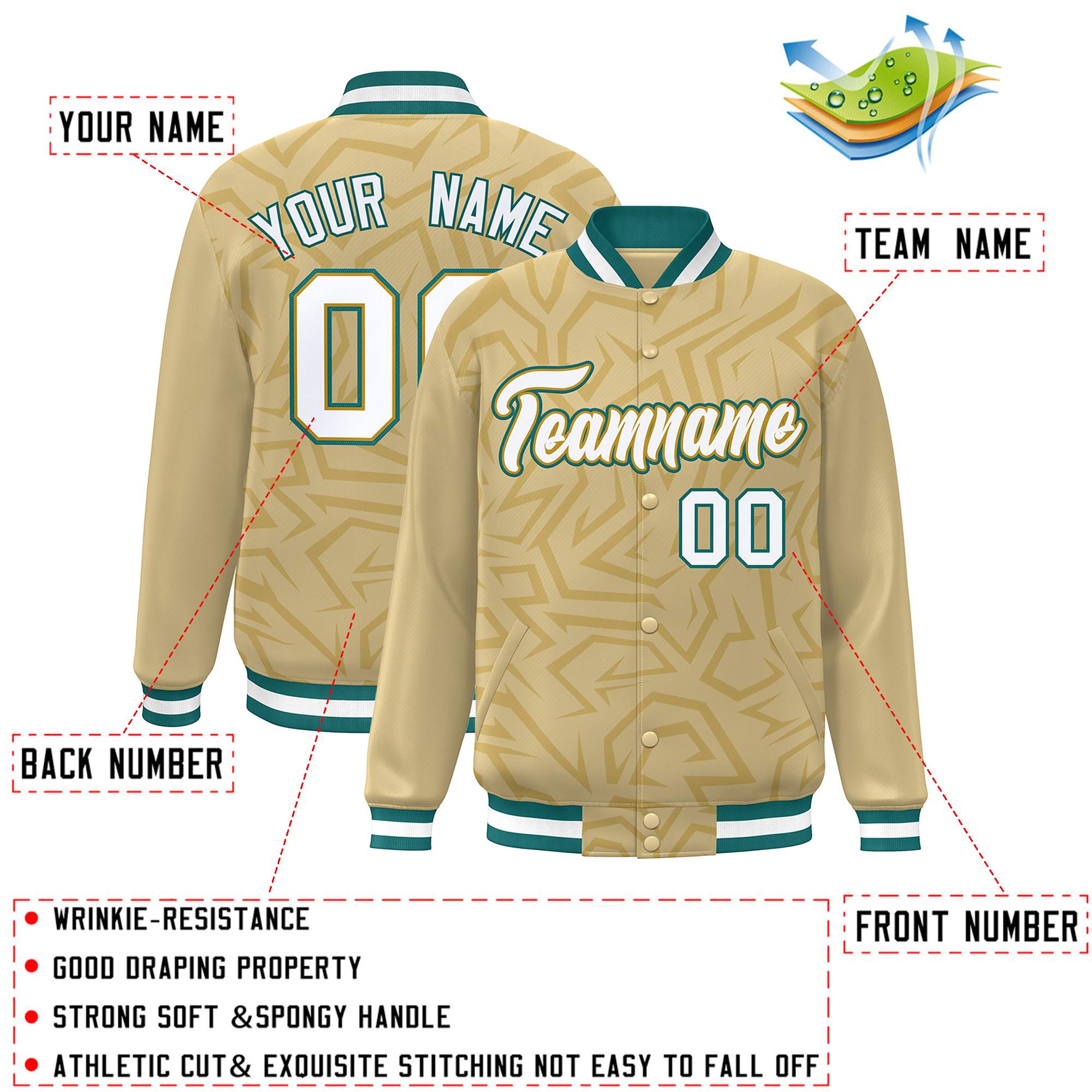 Custom Khaki White-Teal Stripe Graffiti Pattern Varsity Full-Snap Jacket