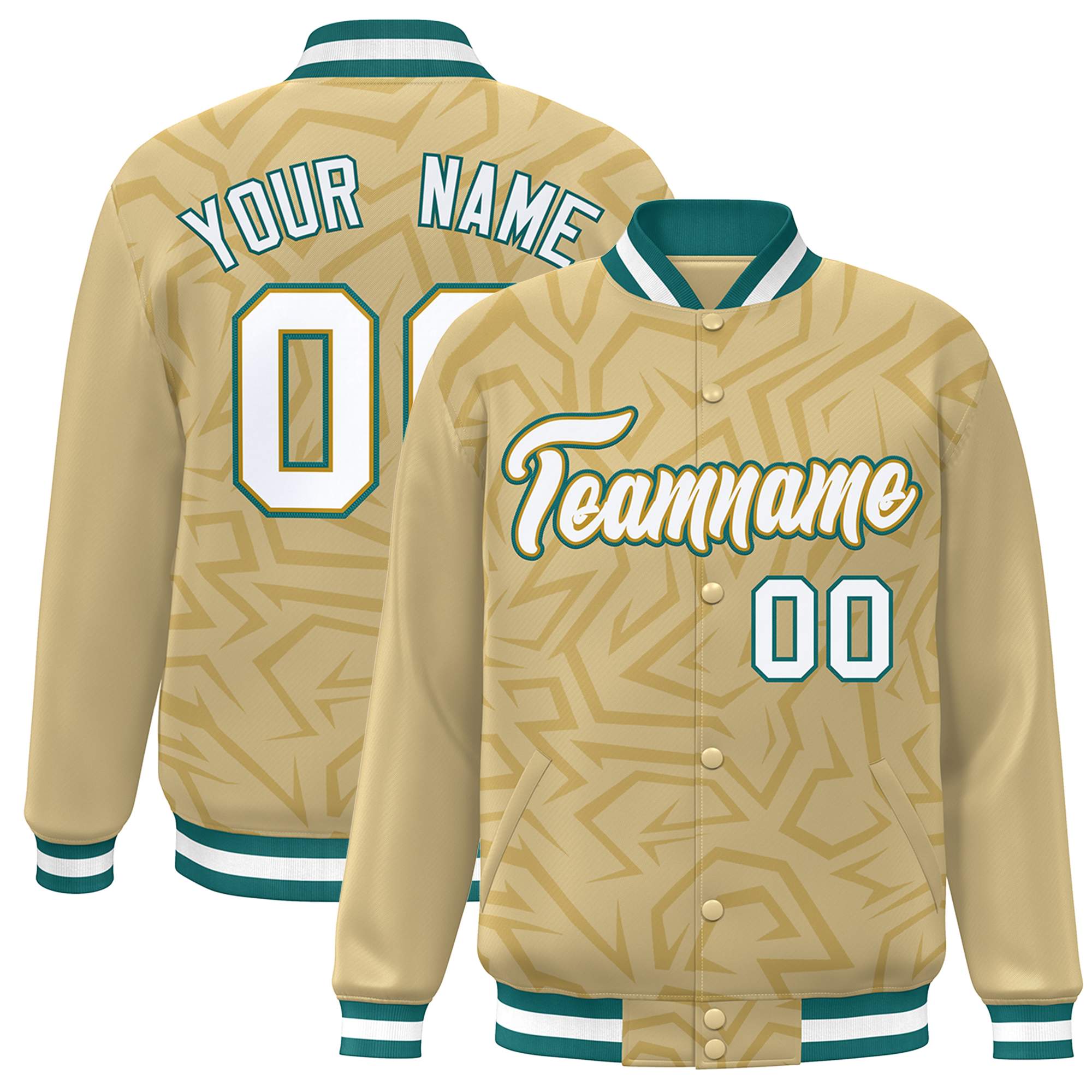 Custom Khaki White-Teal Stripe Graffiti Pattern Varsity Full-Snap Jacket