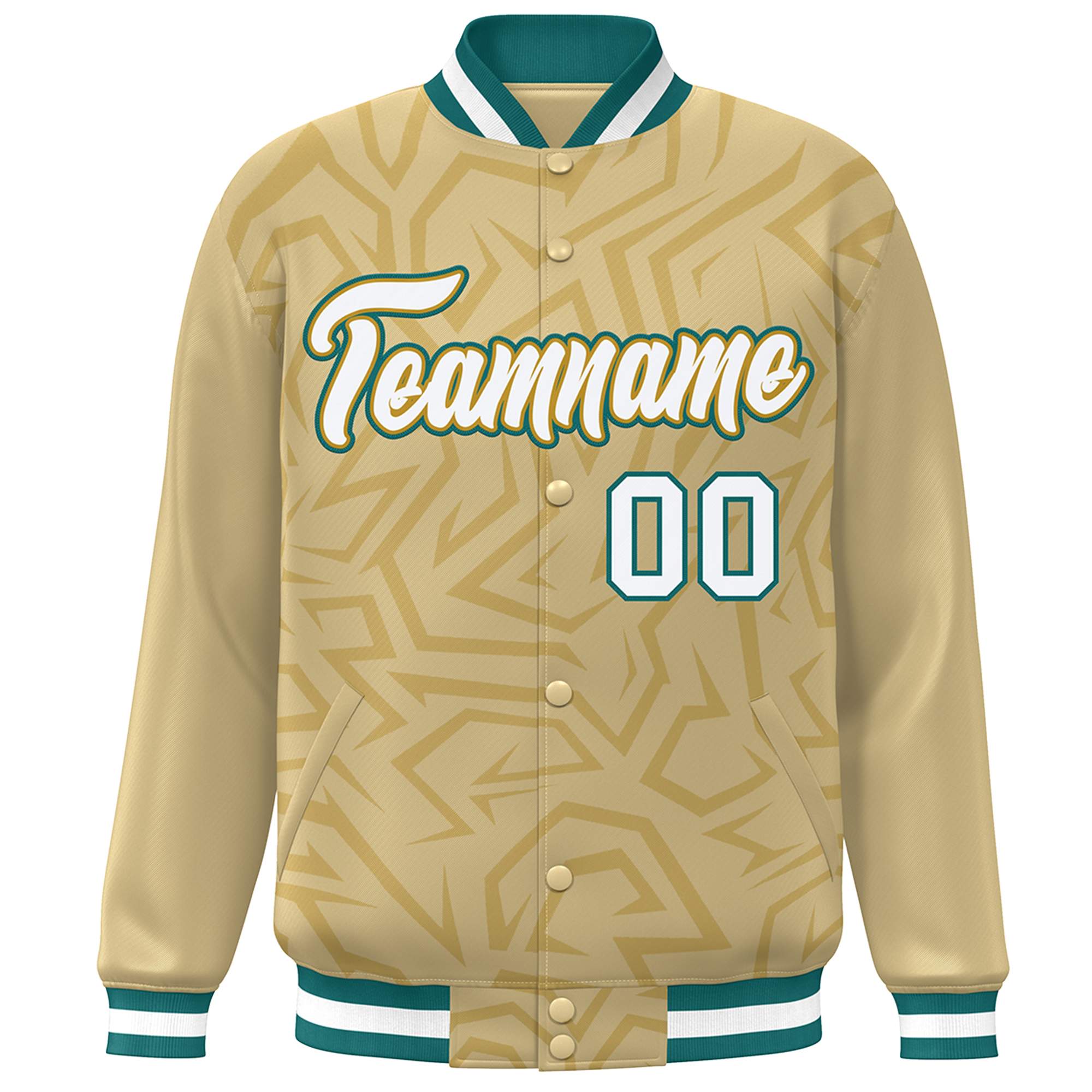 Custom Khaki White-Teal Stripe Graffiti Pattern Varsity Full-Snap Jacket