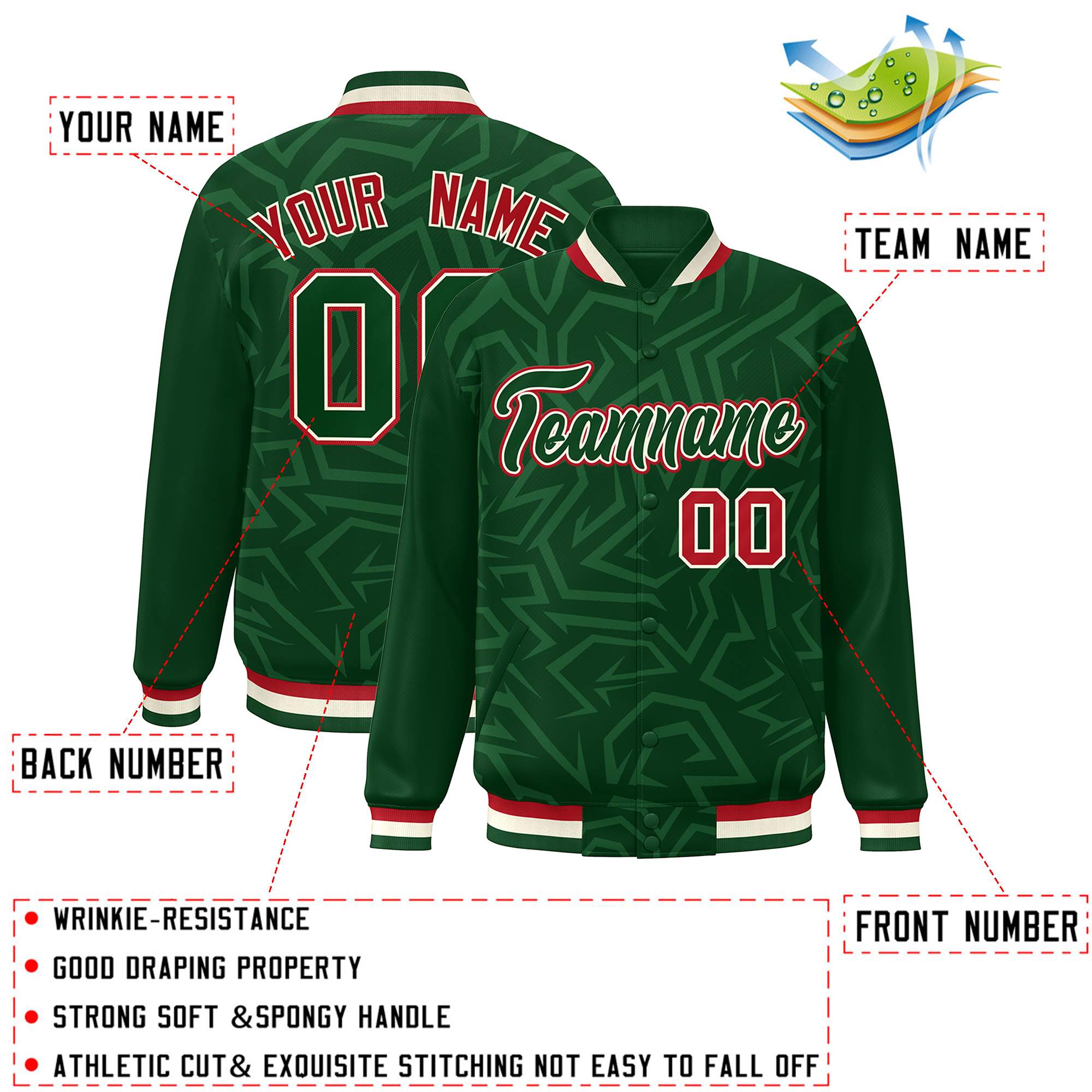 Custom Green White-Red Stripe Graffiti Pattern Varsity Full-Snap Jacket