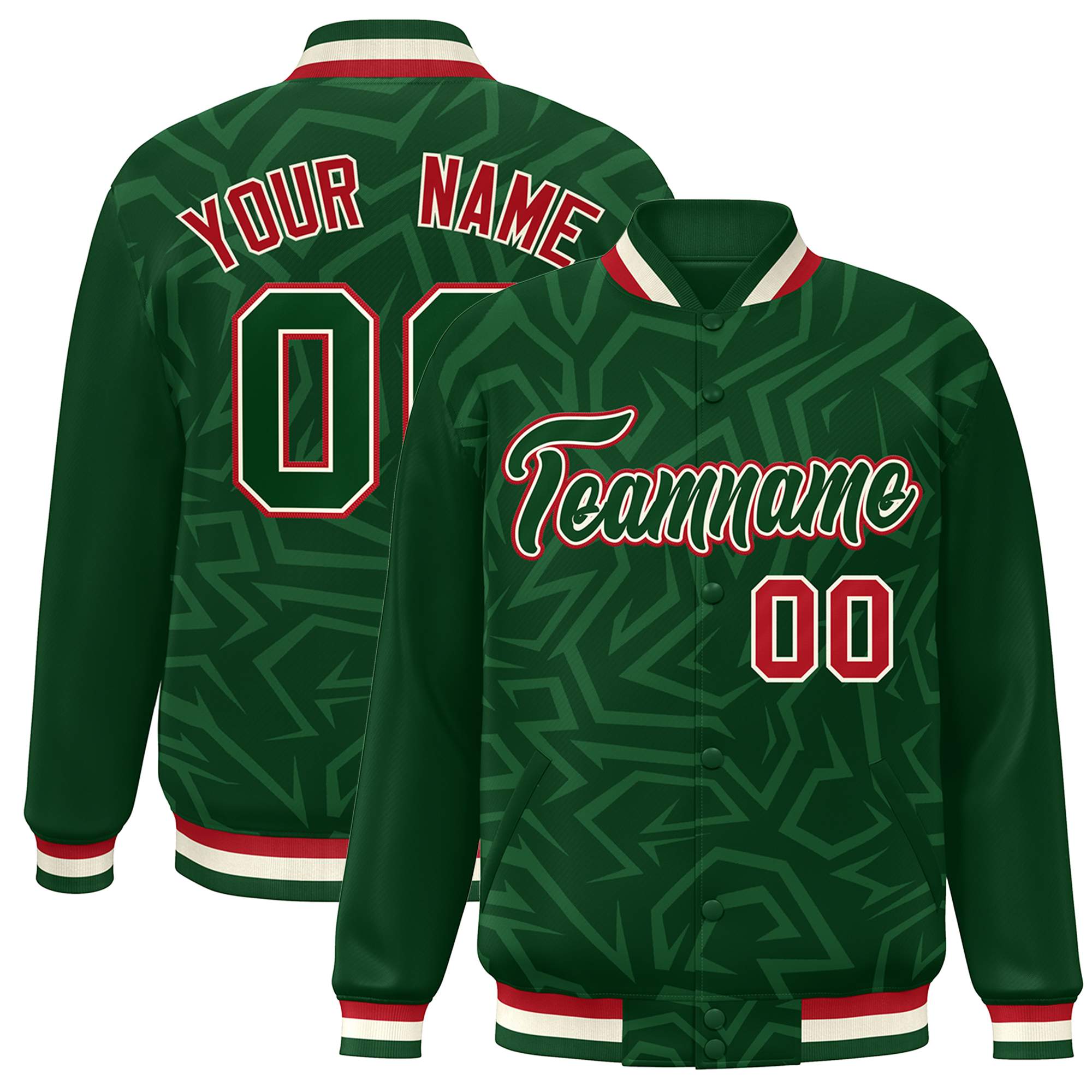 Custom Green White-Red Stripe Graffiti Pattern Varsity Full-Snap Jacket