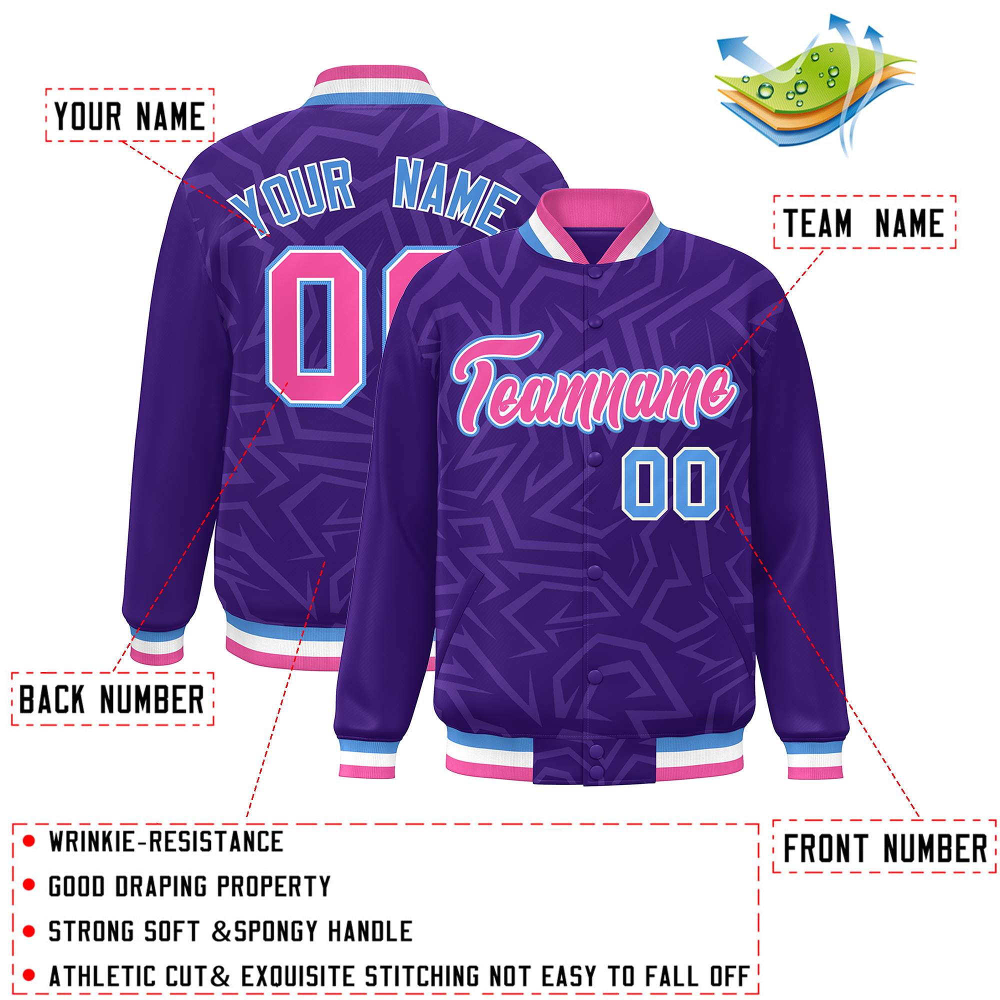 Custom Purple Pink-Powder Blue Stripe Graffiti Pattern Varsity Full-Snap Jacket