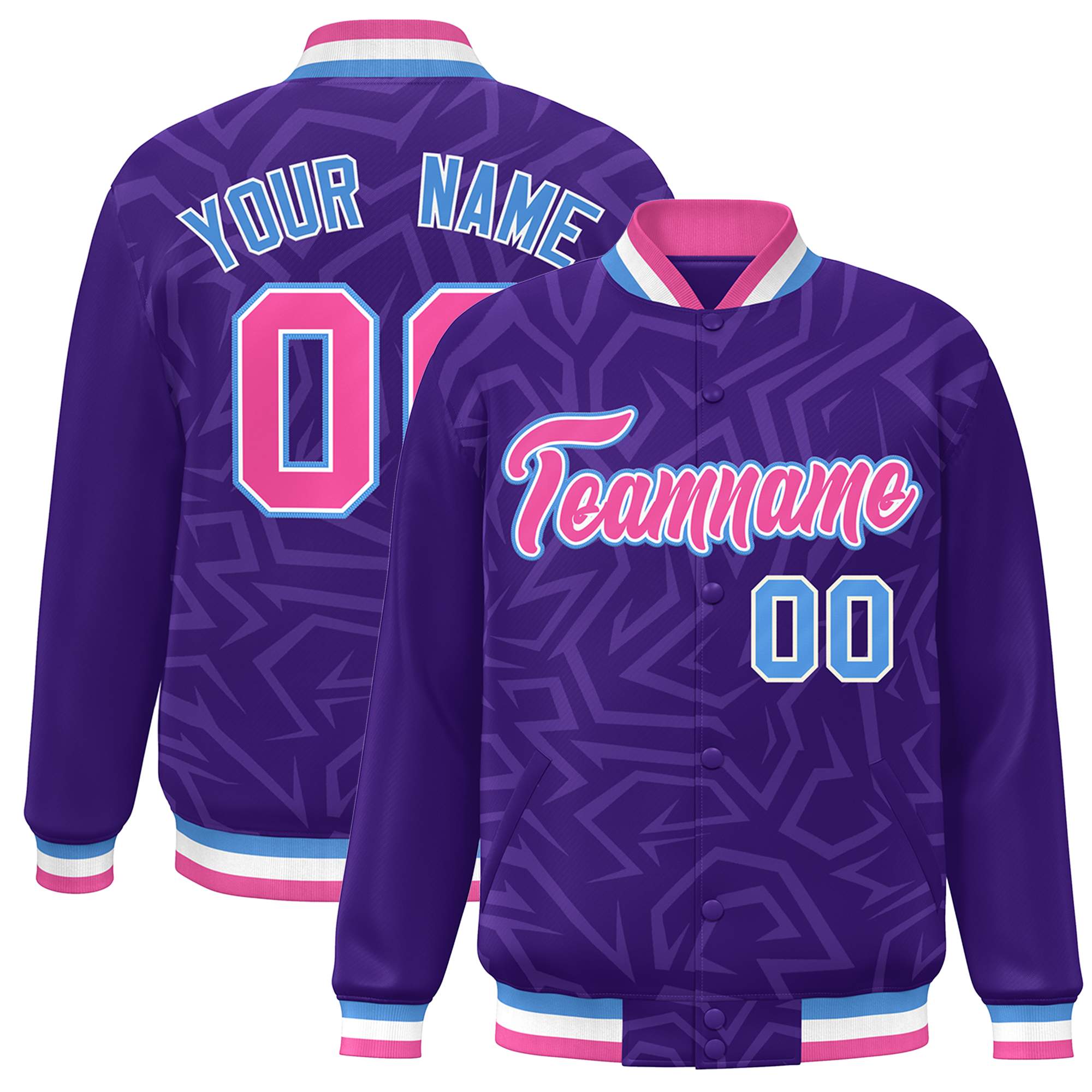 Custom Purple Pink-Powder Blue Stripe Graffiti Pattern Varsity Full-Snap Jacket