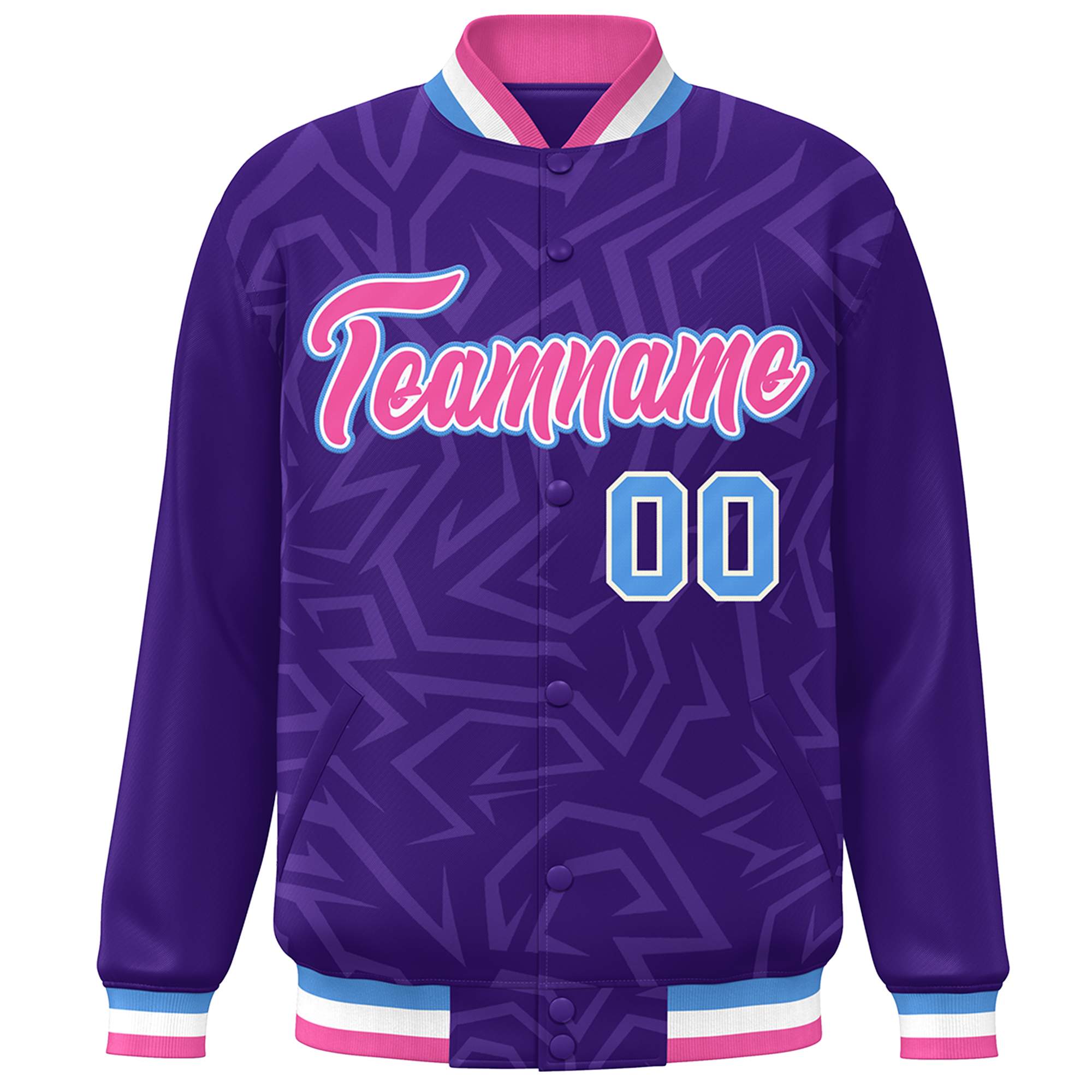 Custom Purple Pink-Powder Blue Stripe Graffiti Pattern Varsity Full-Snap Jacket