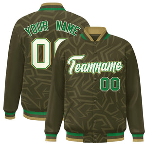 Custom Olive Cream-Old Gold Stripe Graffiti Pattern Varsity Full-Snap Jacket