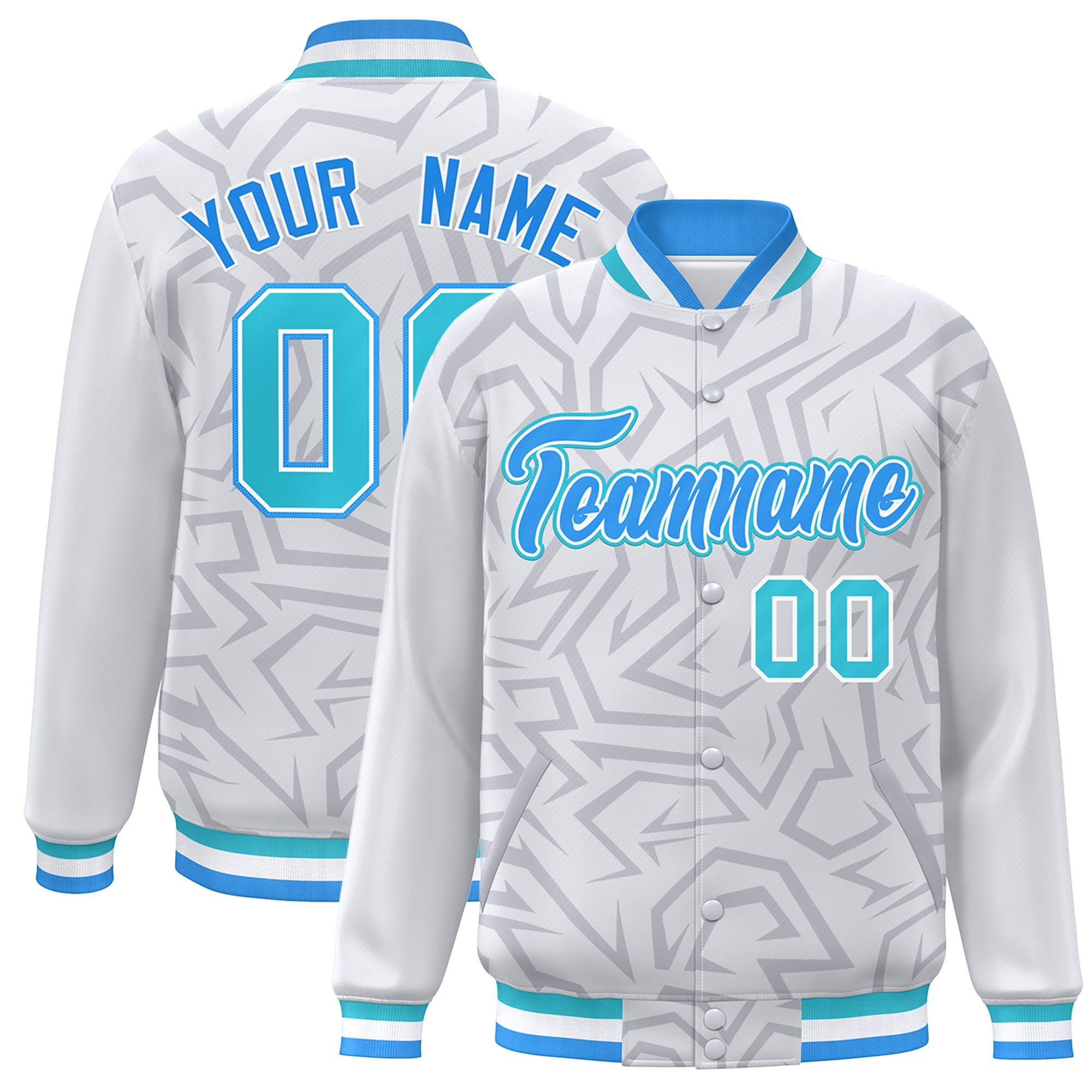 Custom White Powder Blue-Aqua Stripe Graffiti Pattern Varsity Full-Snap Jacket