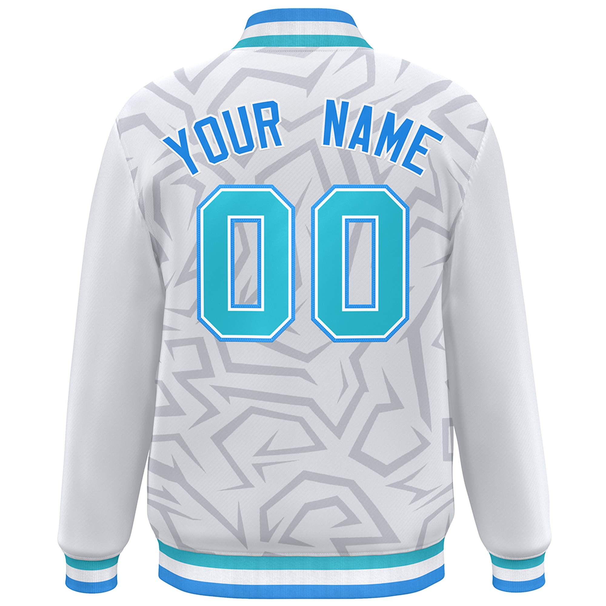 Custom White Powder Blue-Aqua Stripe Graffiti Pattern Varsity Full-Snap Jacket