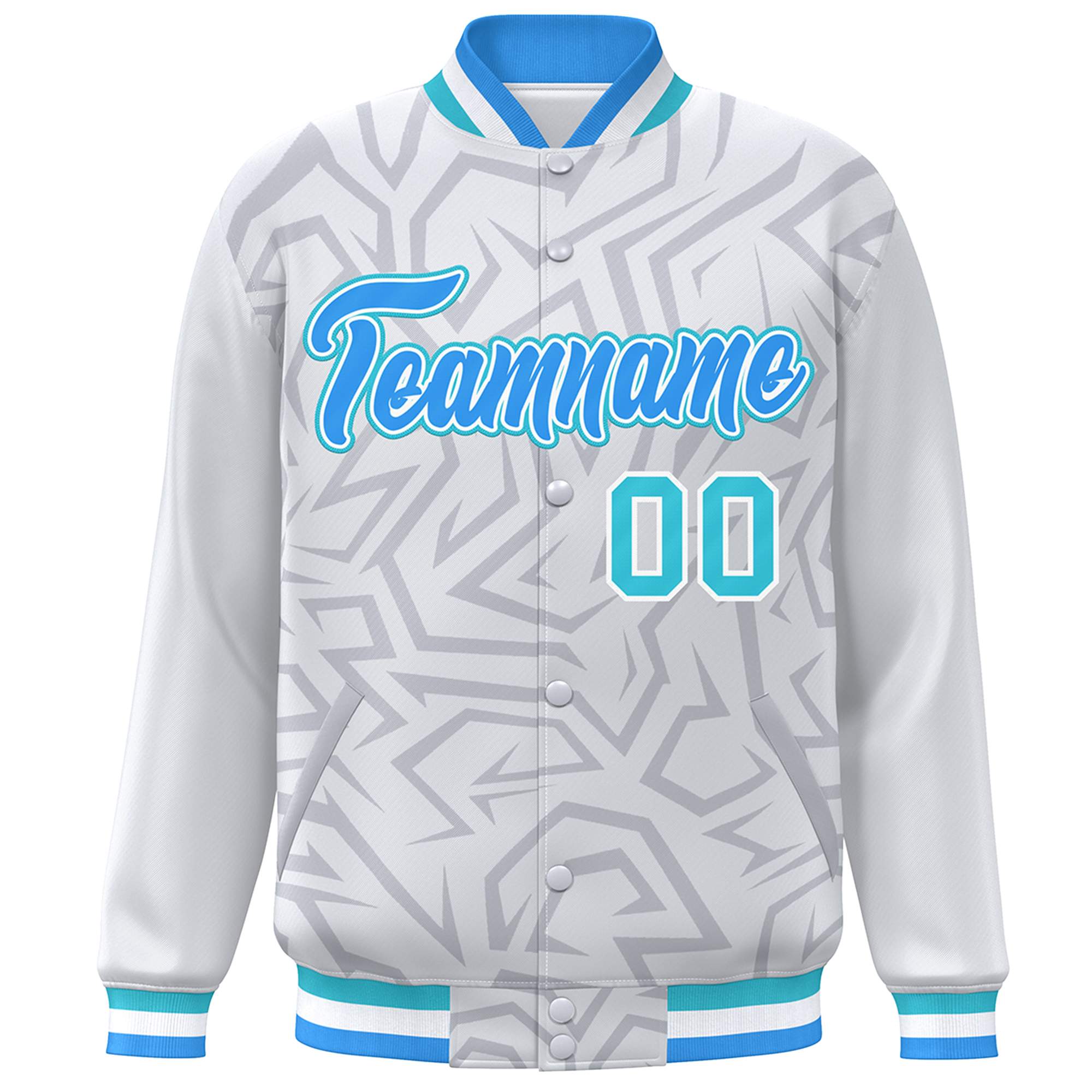 Custom White Powder Blue-Aqua Stripe Graffiti Pattern Varsity Full-Snap Jacket