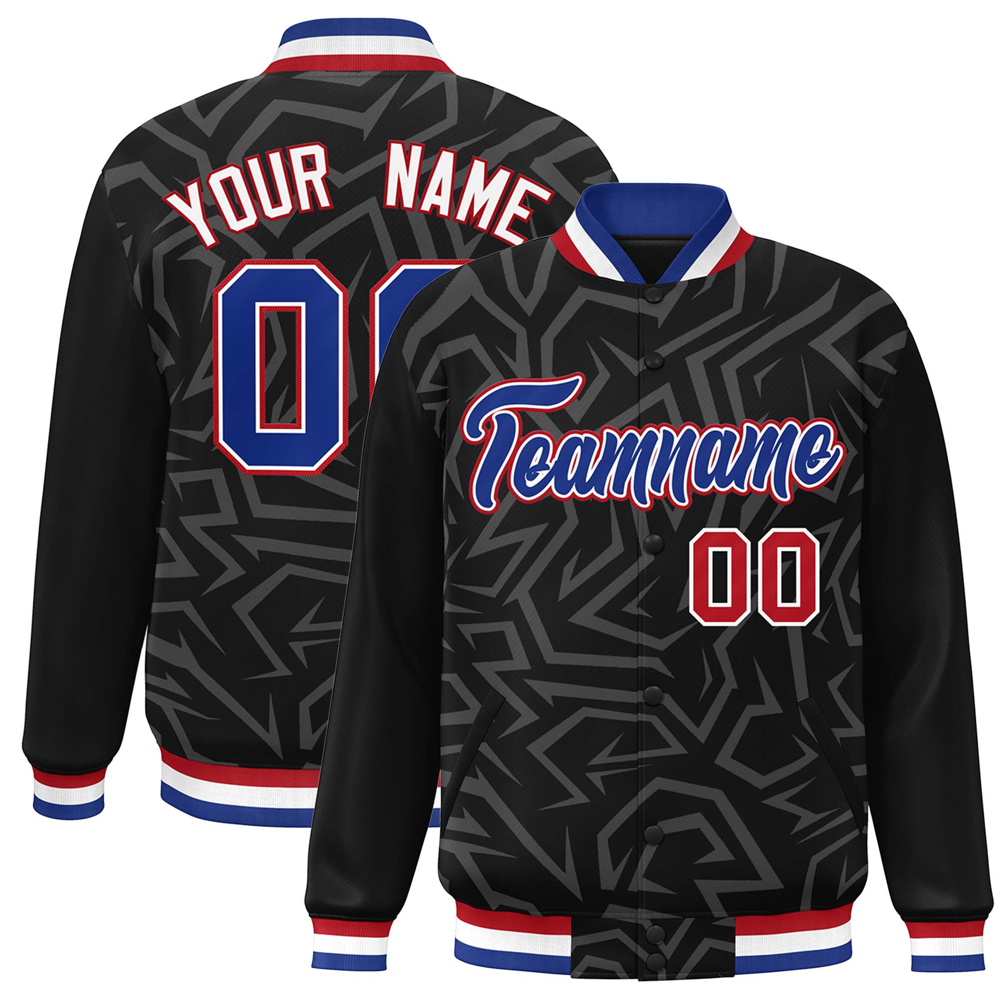 Custom Black Royal-Red Stripe Graffiti Pattern Varsity Full-Snap Jacket