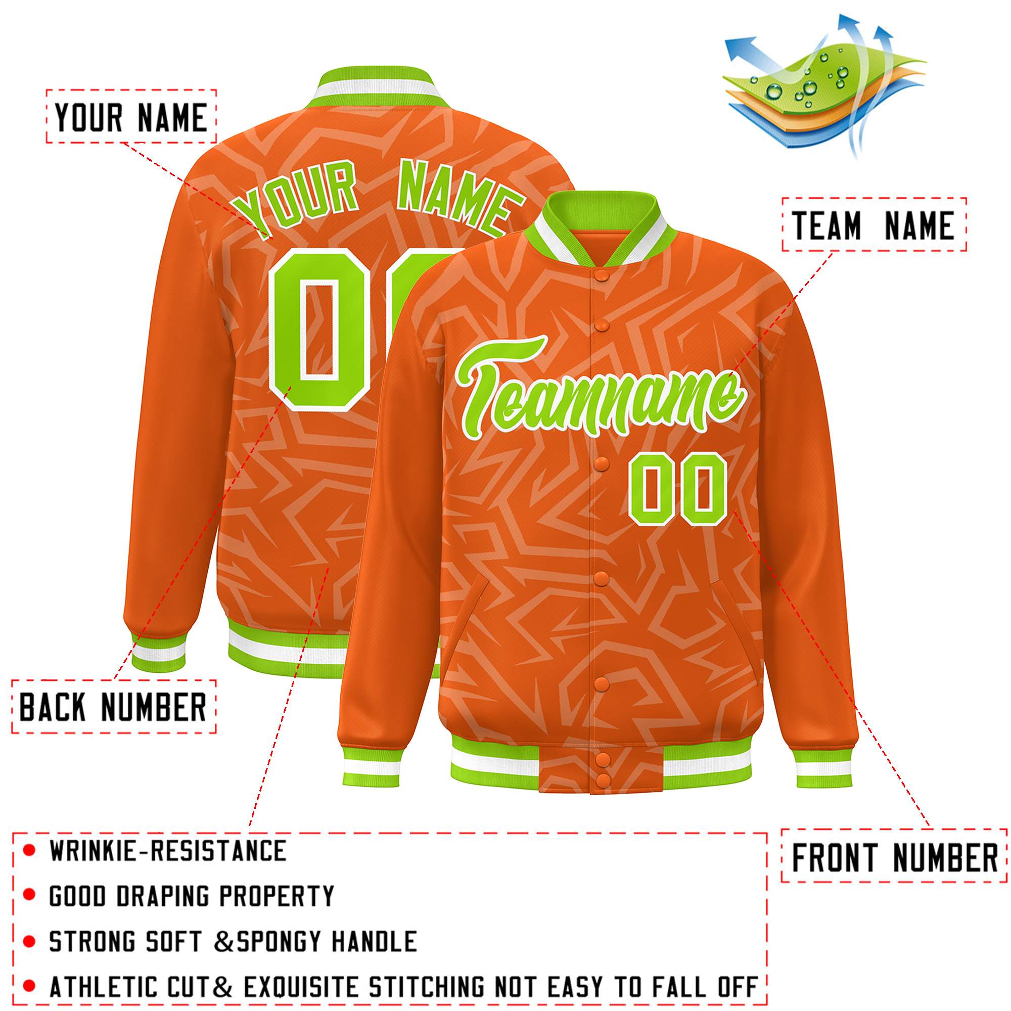 Custom Orange Neon Green-White Stripe Graffiti Pattern Varsity Full-Snap Jacket